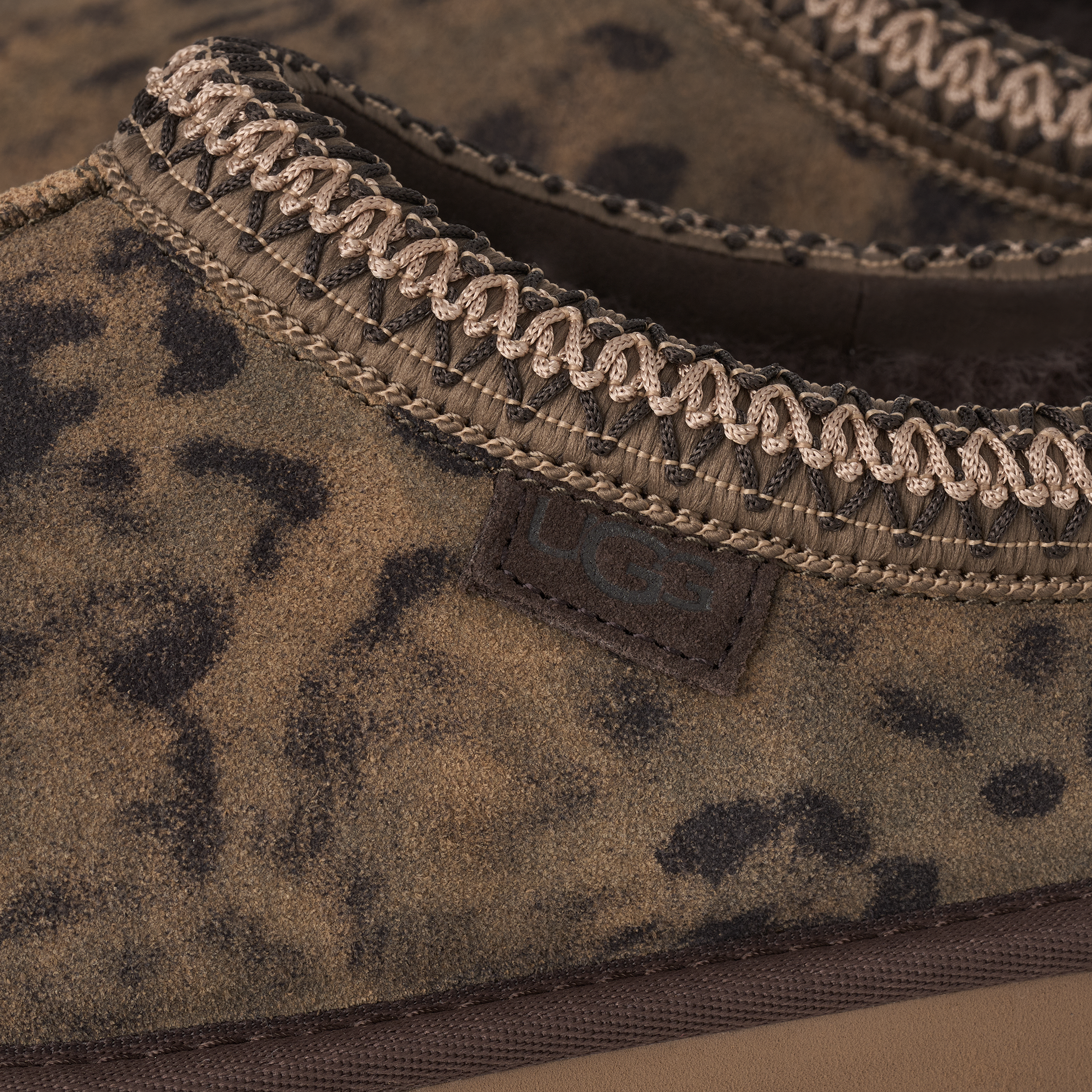 Close-up of a camouflage-patterned fabric with a zipper
