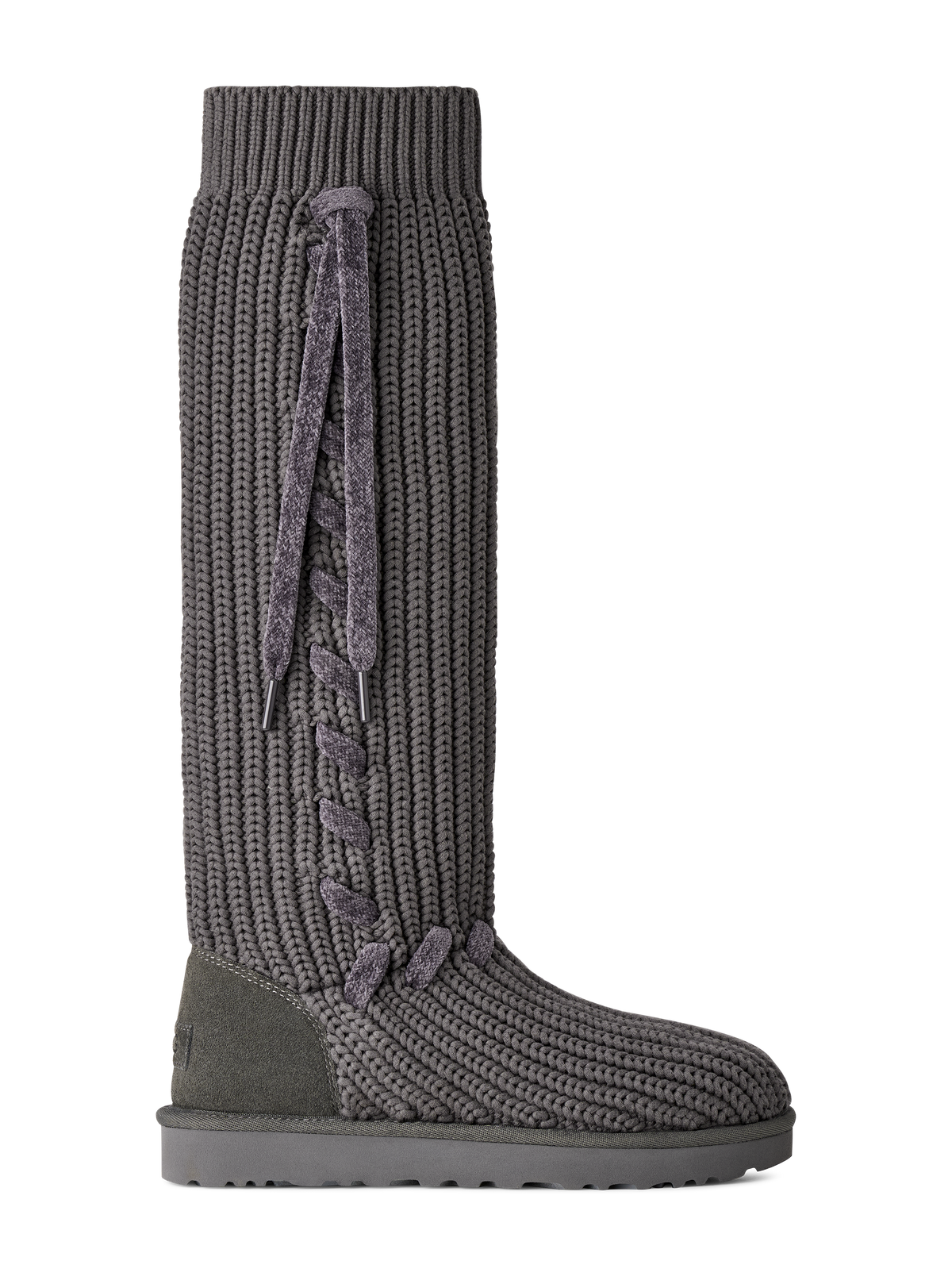 A single mid-calf knit boot in dark gray with a matching braided lace detail running down the side, set against a plain white background.
