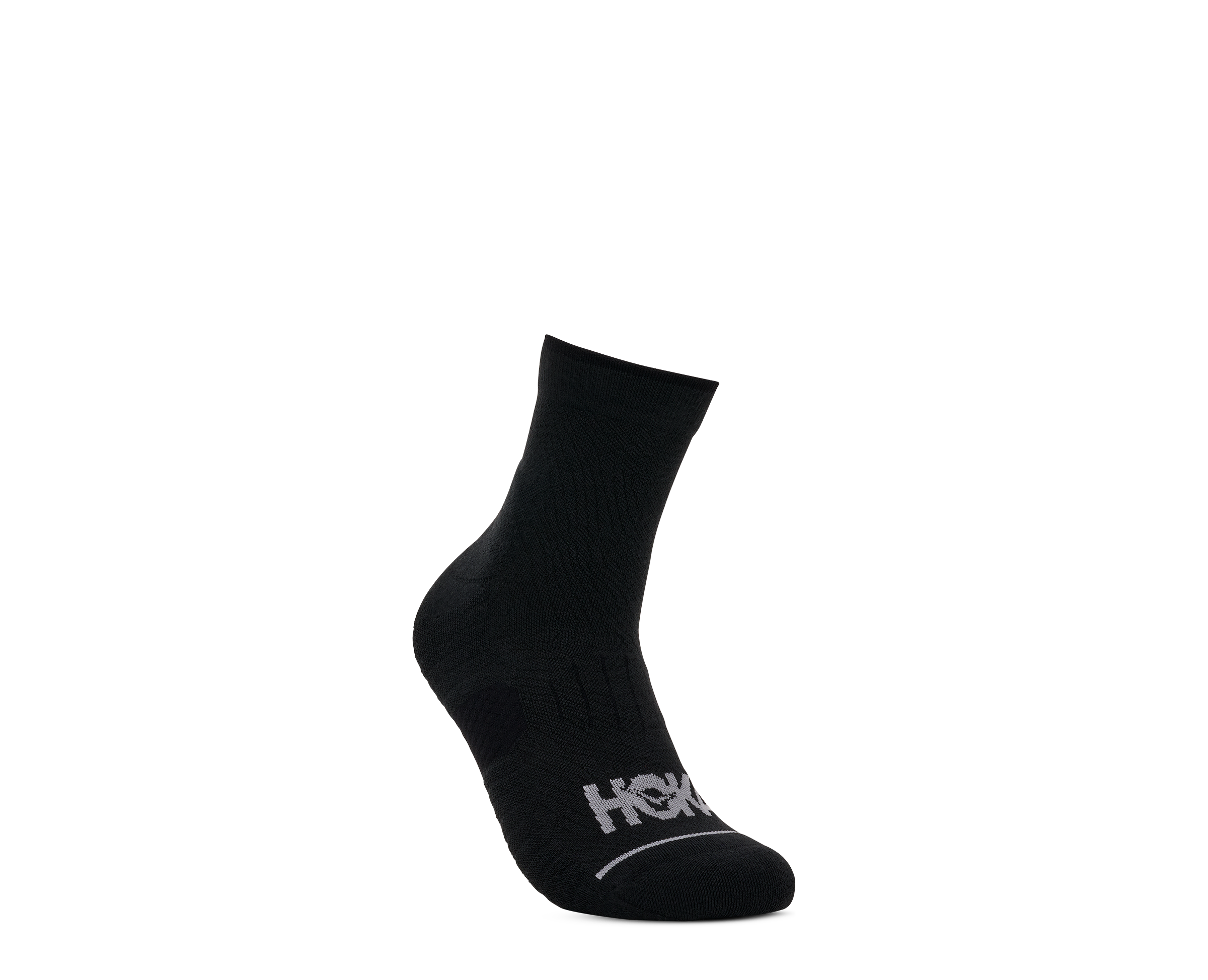 A single black athletic ankle sock with a white HOKA logo printed on the toe, shown on a clean white background.