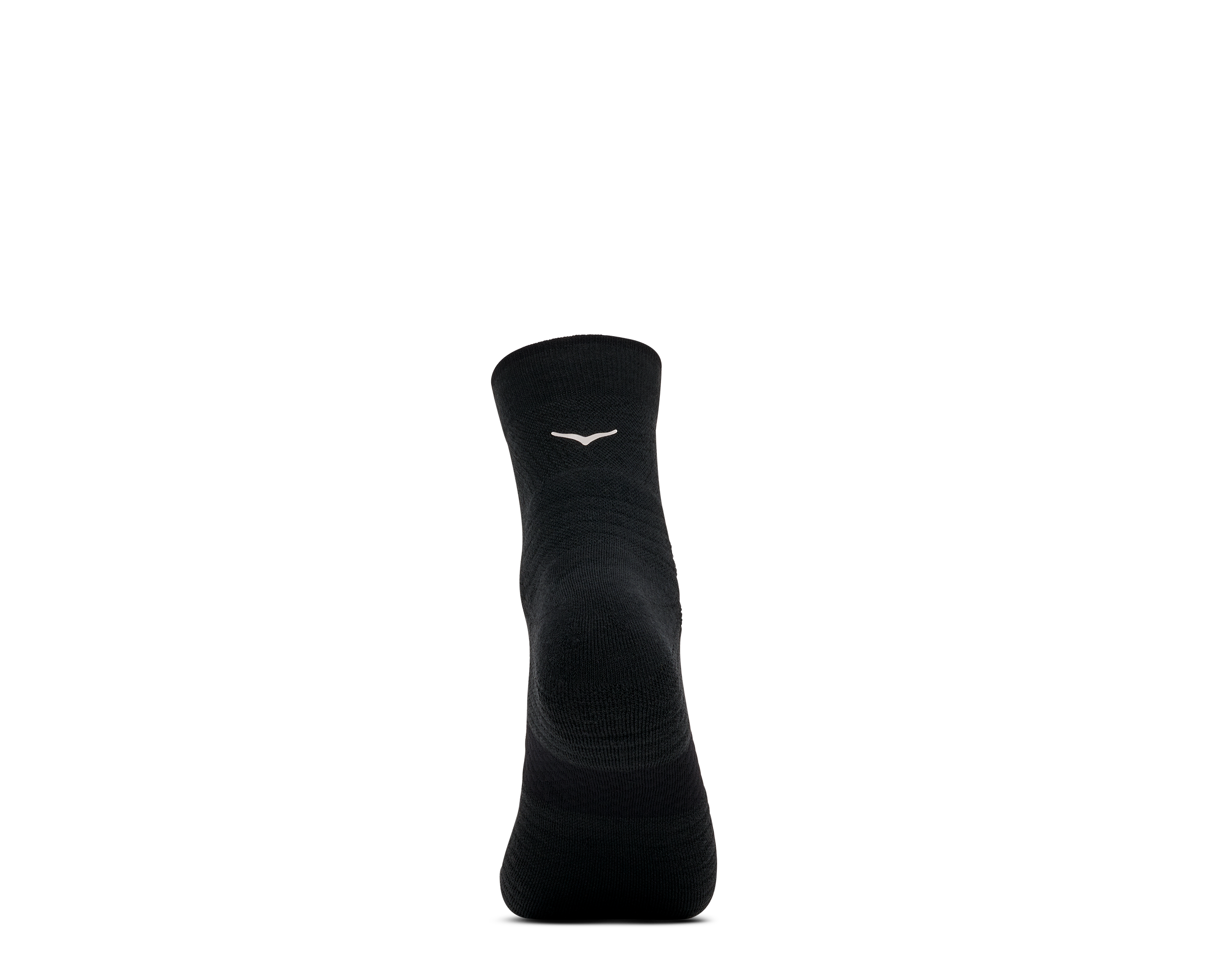 A single black athletic crew sock shown from the back against a solid white background, featuring a small white stylized logo near the cuff.