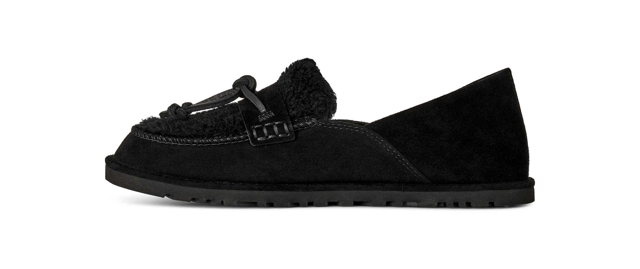 A single black slip-on loafer-style shoe with a fuzzy shearling-like collar and a small decorative strap detail, shown in side profile on a plain white background.