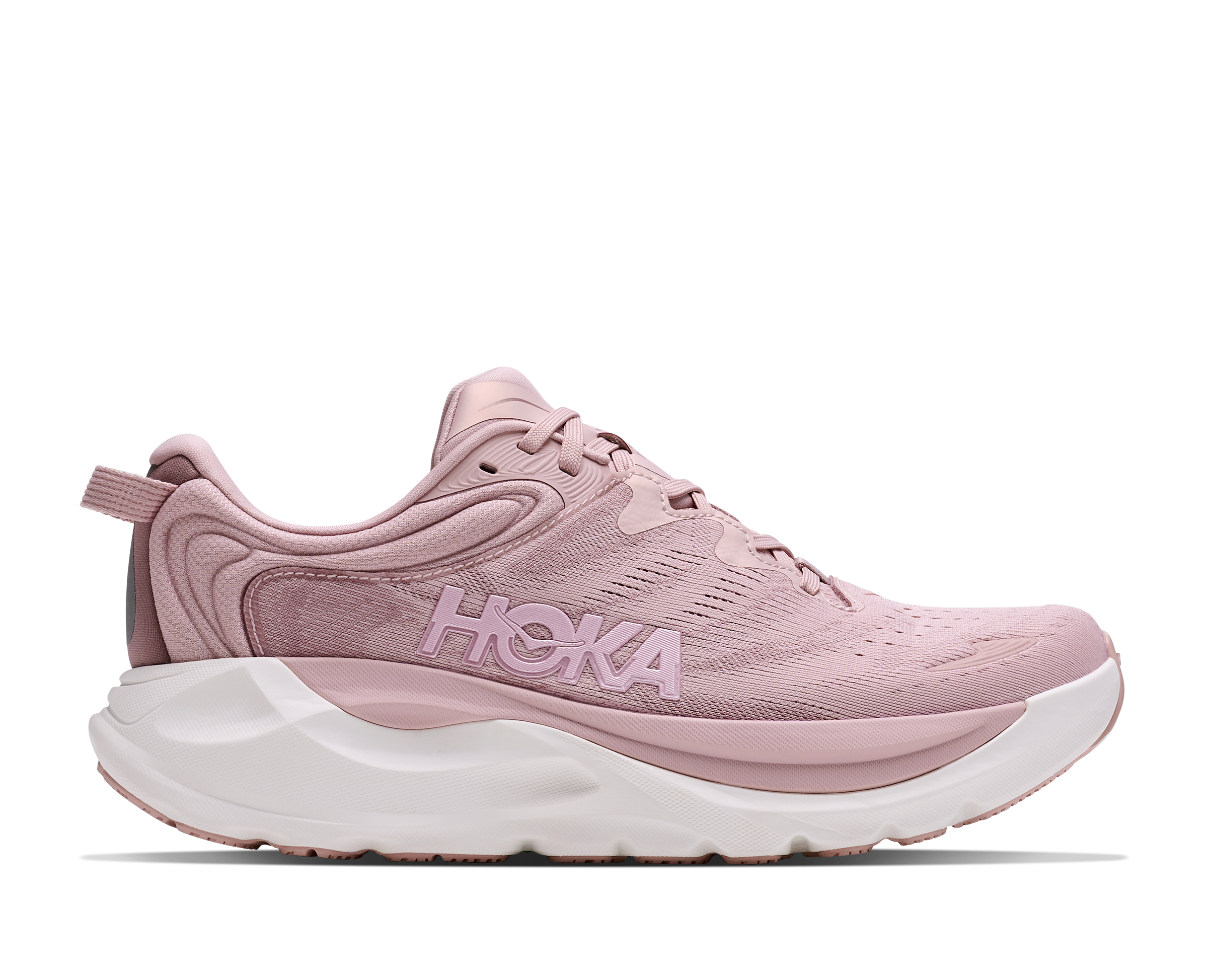 Pink running shoe with white sole on a white background