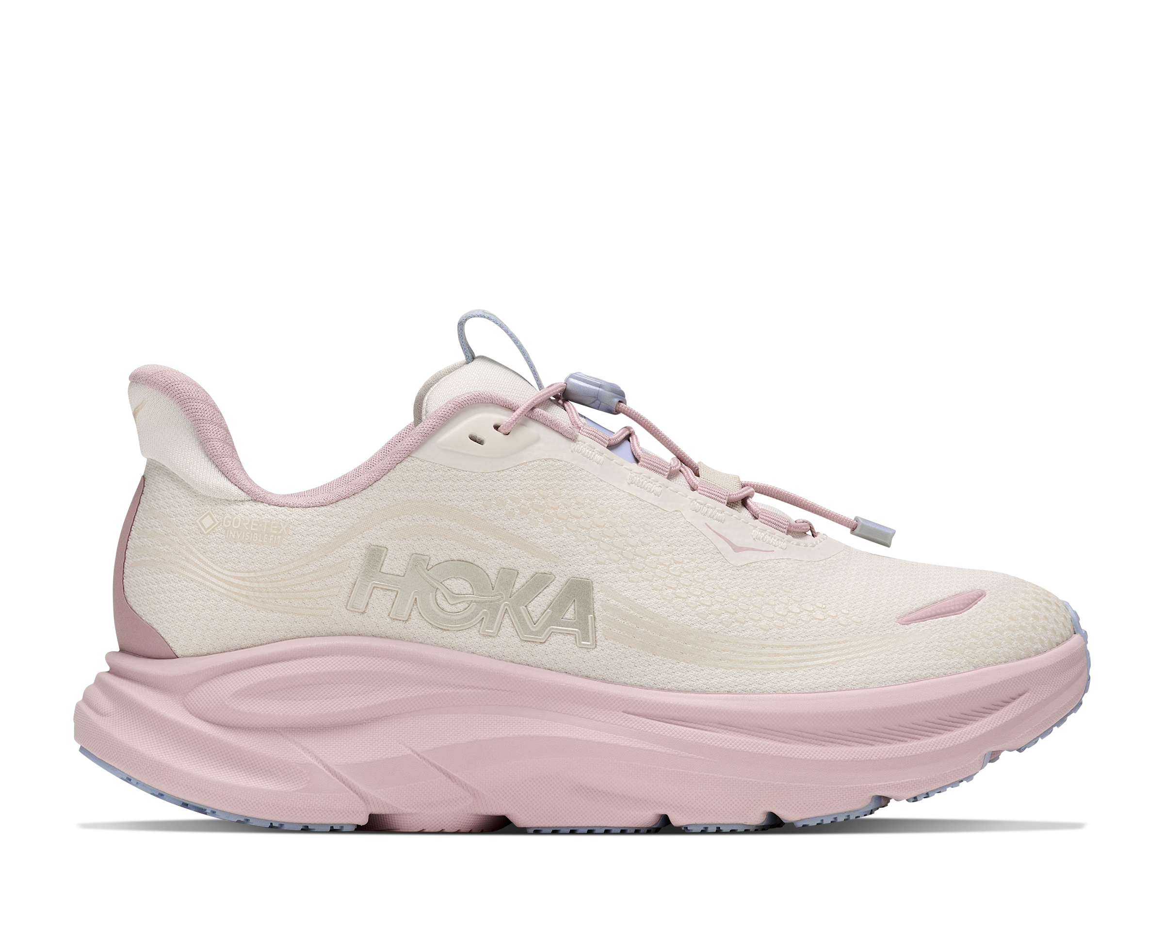 Pink running shoe with 'Hoka' branding on a white background