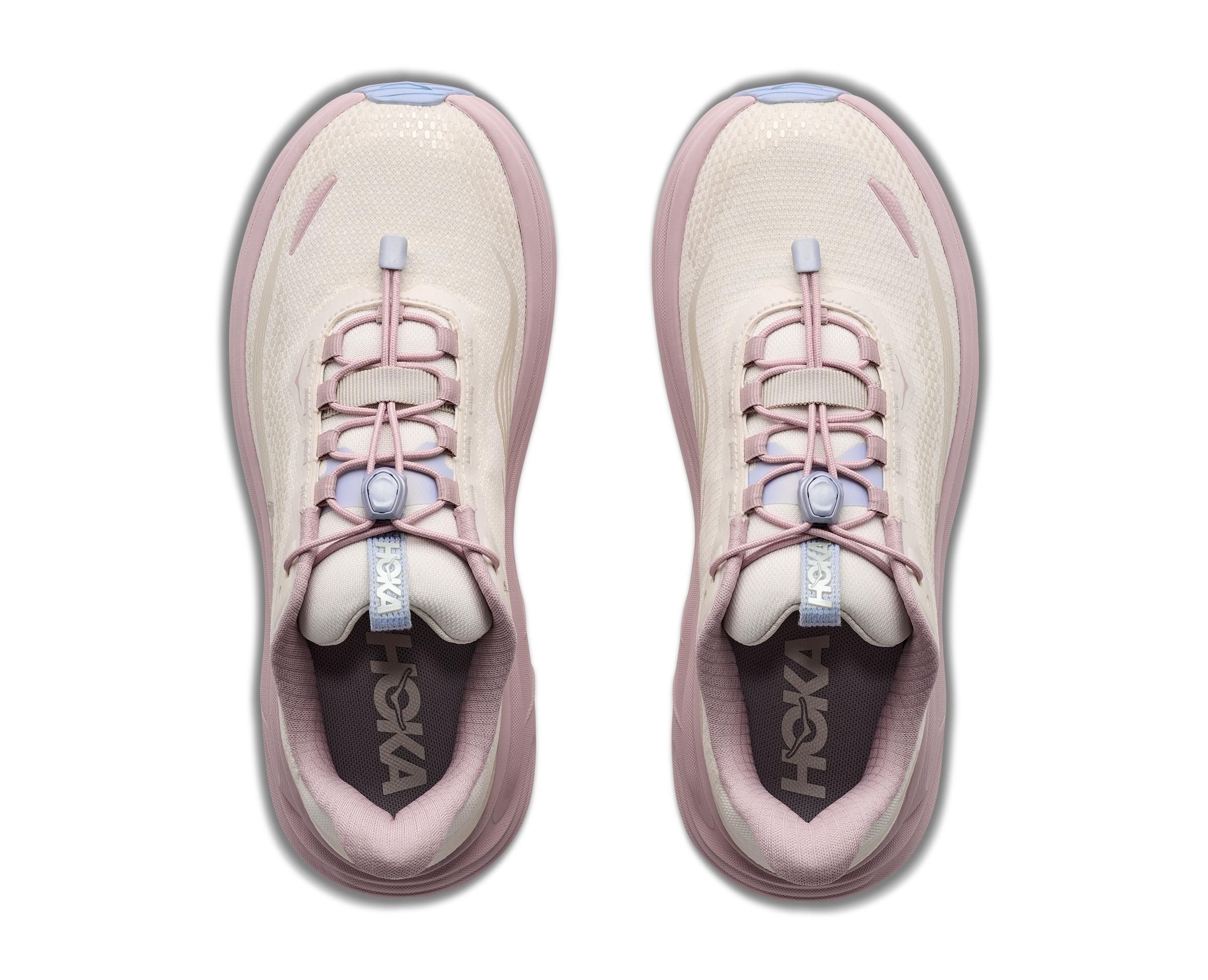 Pair of pink running shoes with 'Hoka' branding on a white background