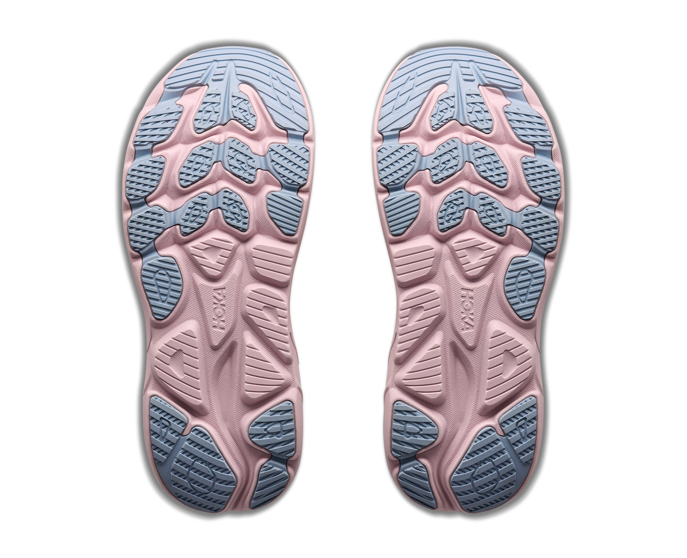 Pink and blue shoe sole with brand logo on a white background