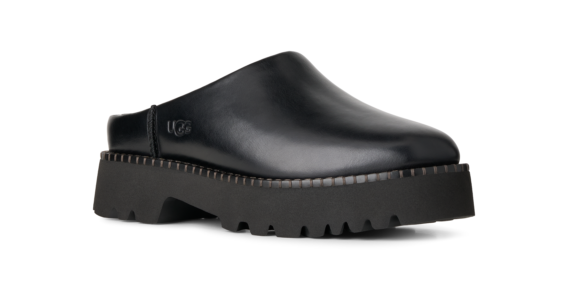 A black leather UGG clog shoe with a chunky lug sole, shown from a side profile on a white background.