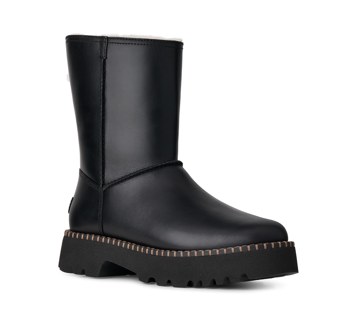 A single black leather ankle boot with a chunky lug sole and decorative stitching, shown from a three-quarters angle on a white background.