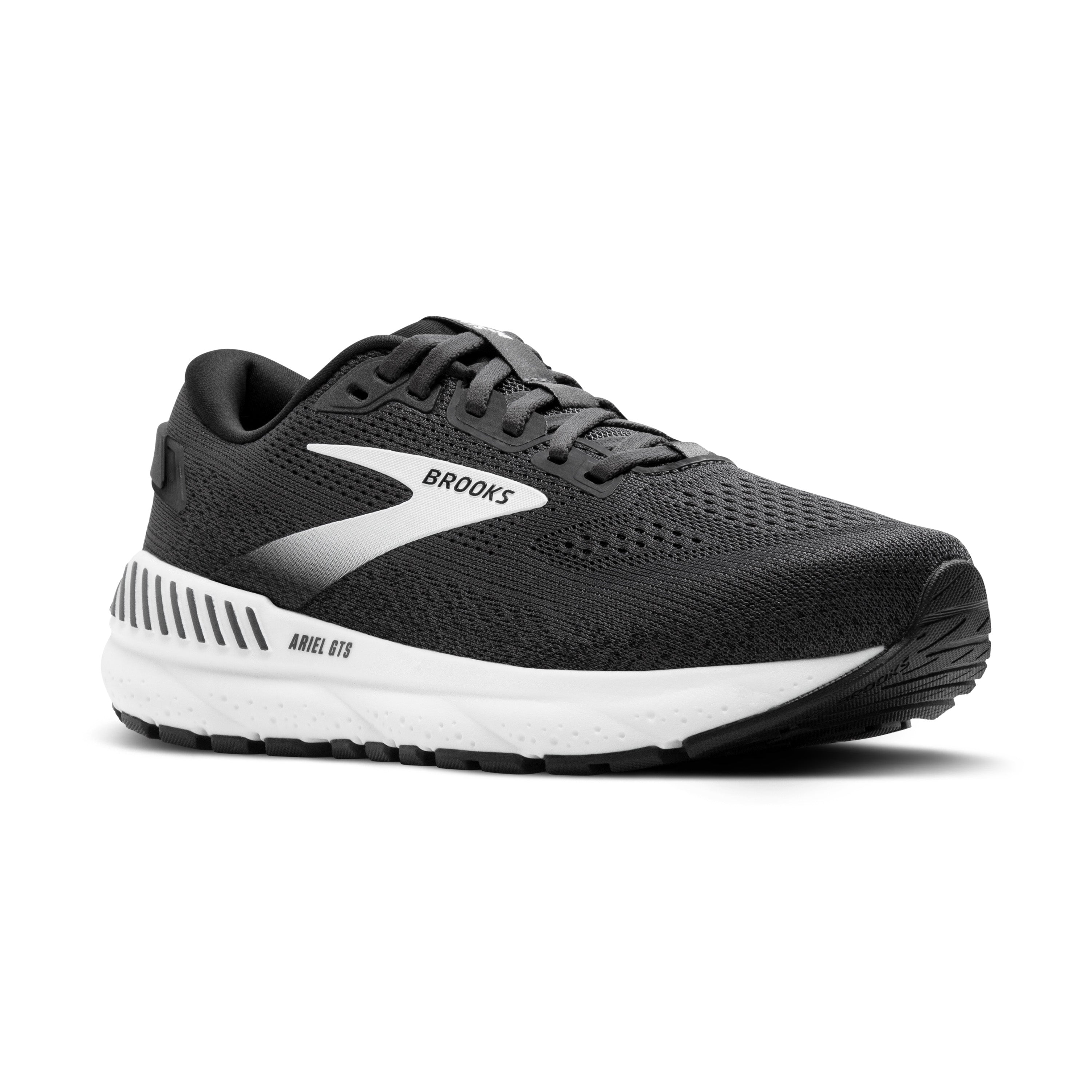 Black running shoe with white sole on a white background