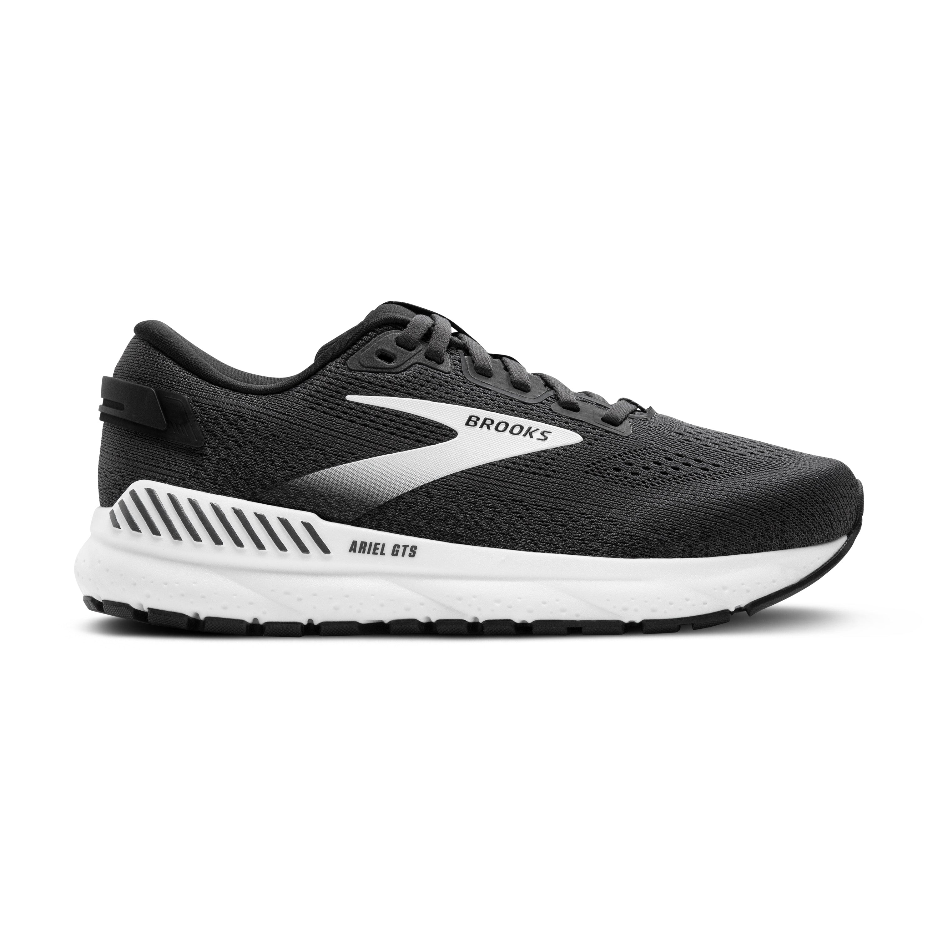 Black running shoe with white sole on a white background