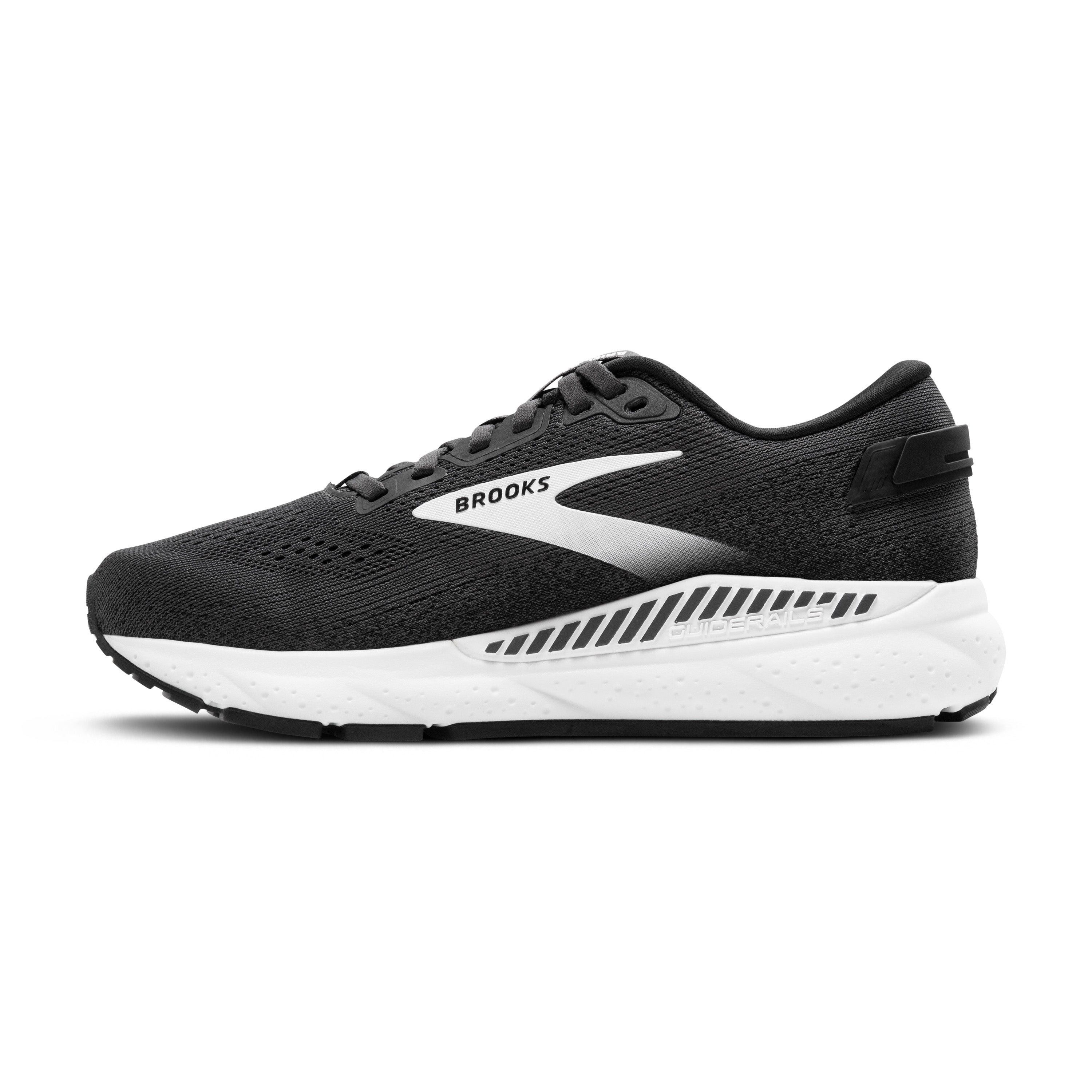 Black running shoe with white sole on a white background