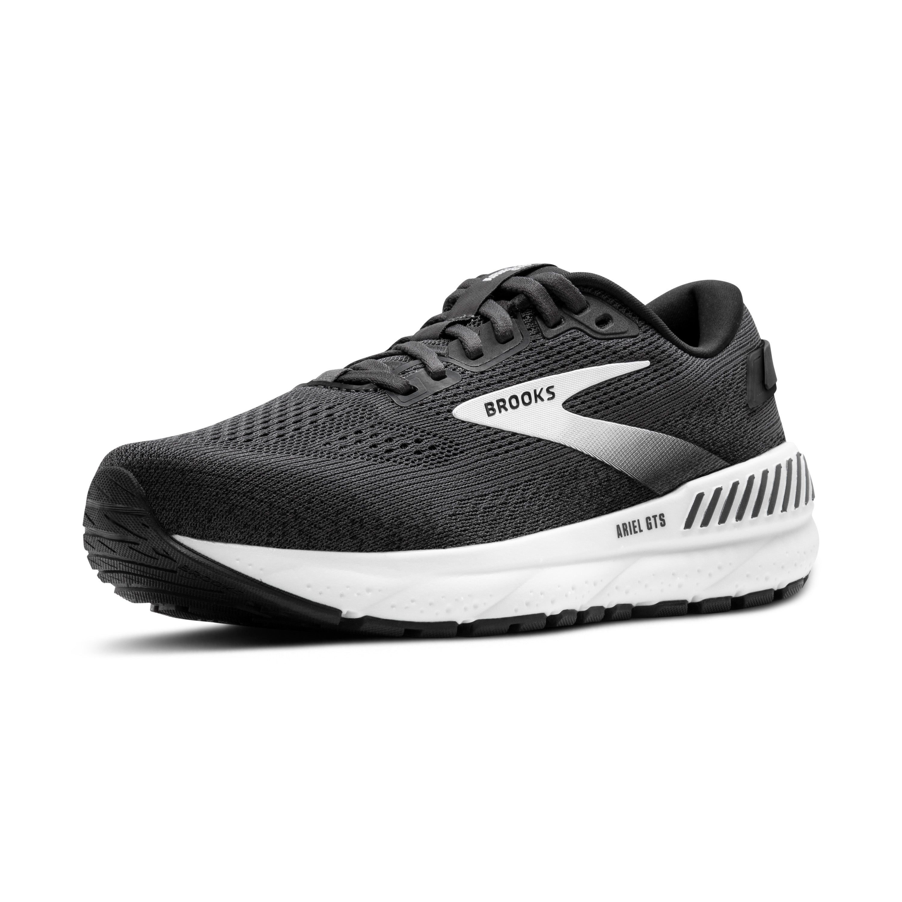 Black and white running shoe with Brooks logo on a white background