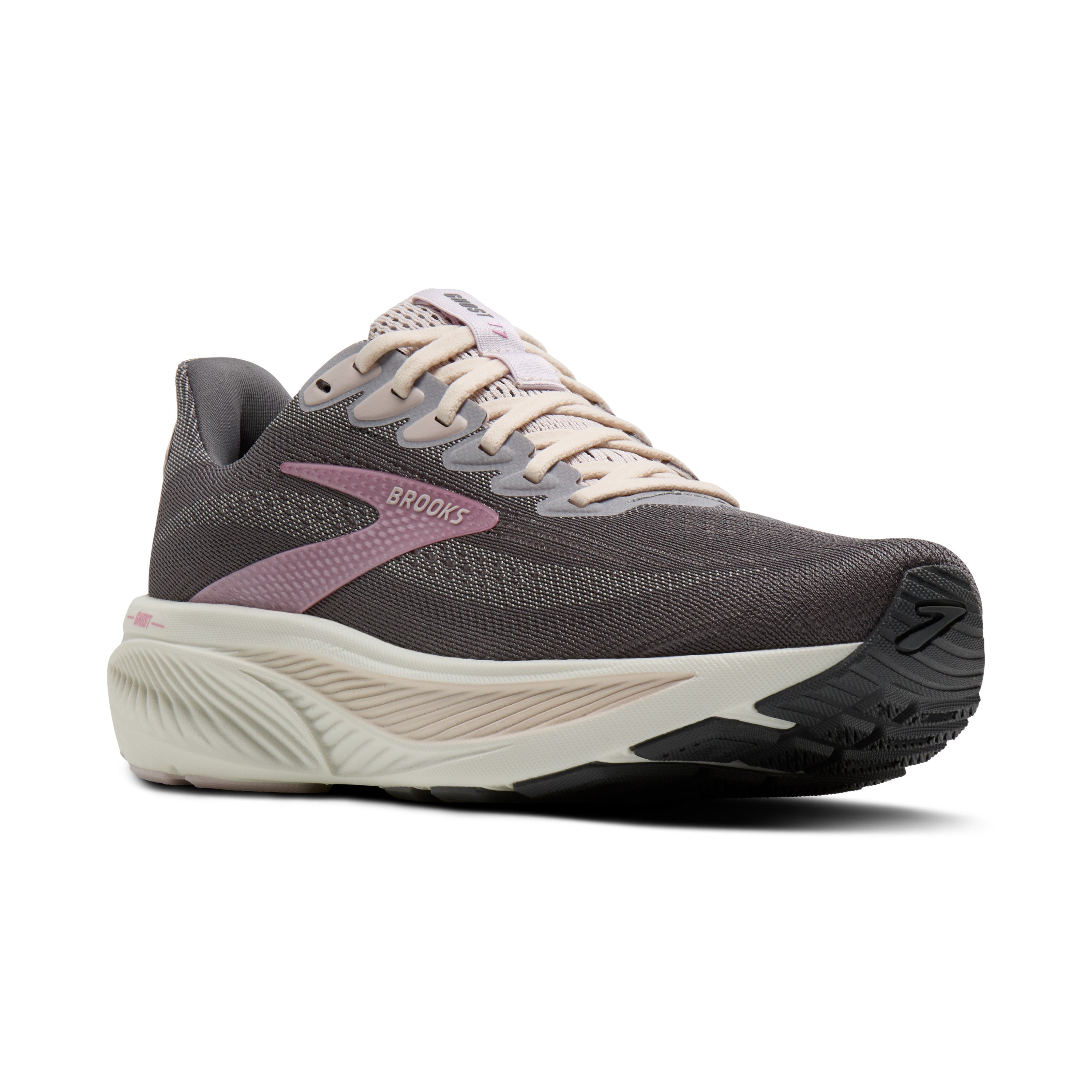 Gray running shoe with pink accents on a white background