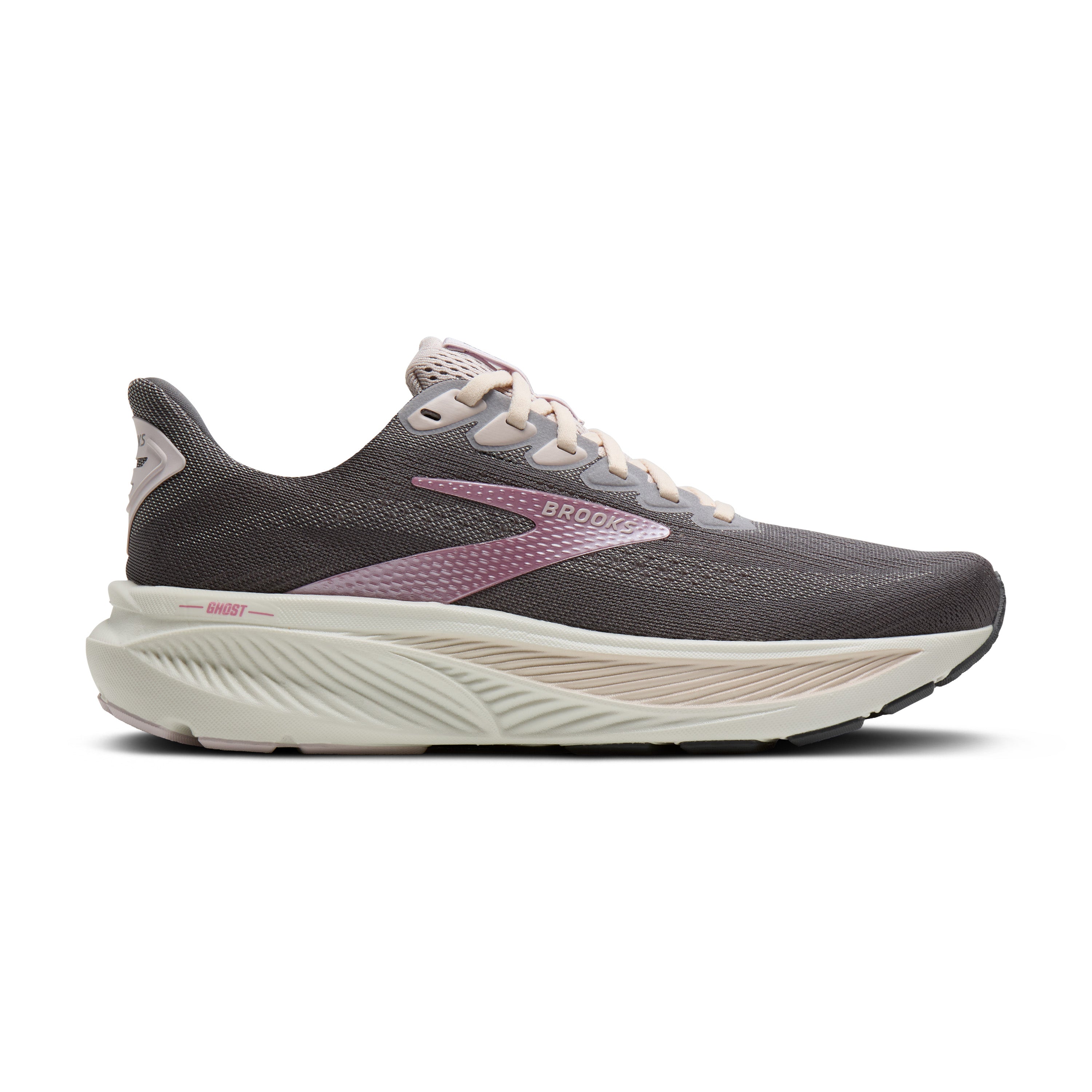 Gray and pink running shoe on a white background
