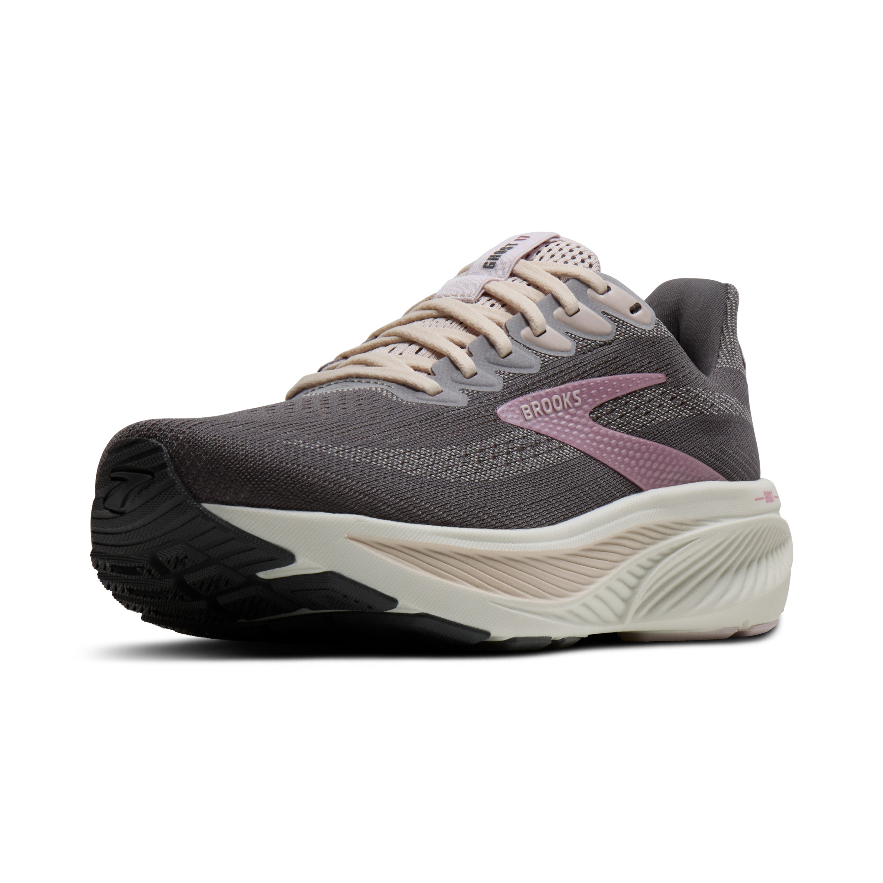 Gray running shoe with pink accents on a white background