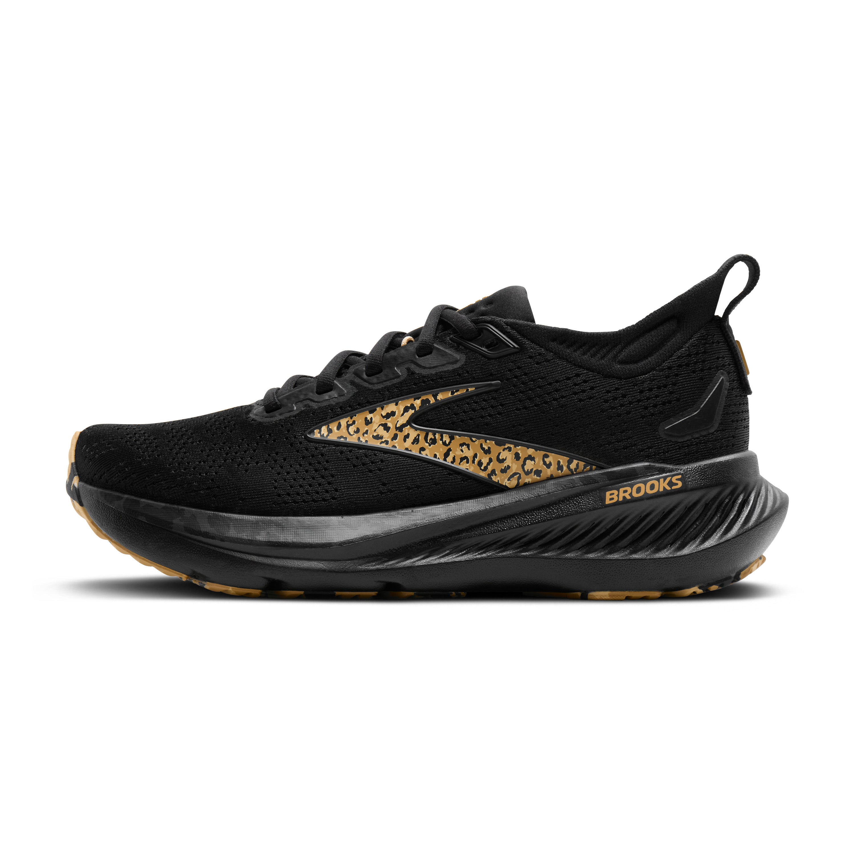 Black running shoe with gold accents on a white background