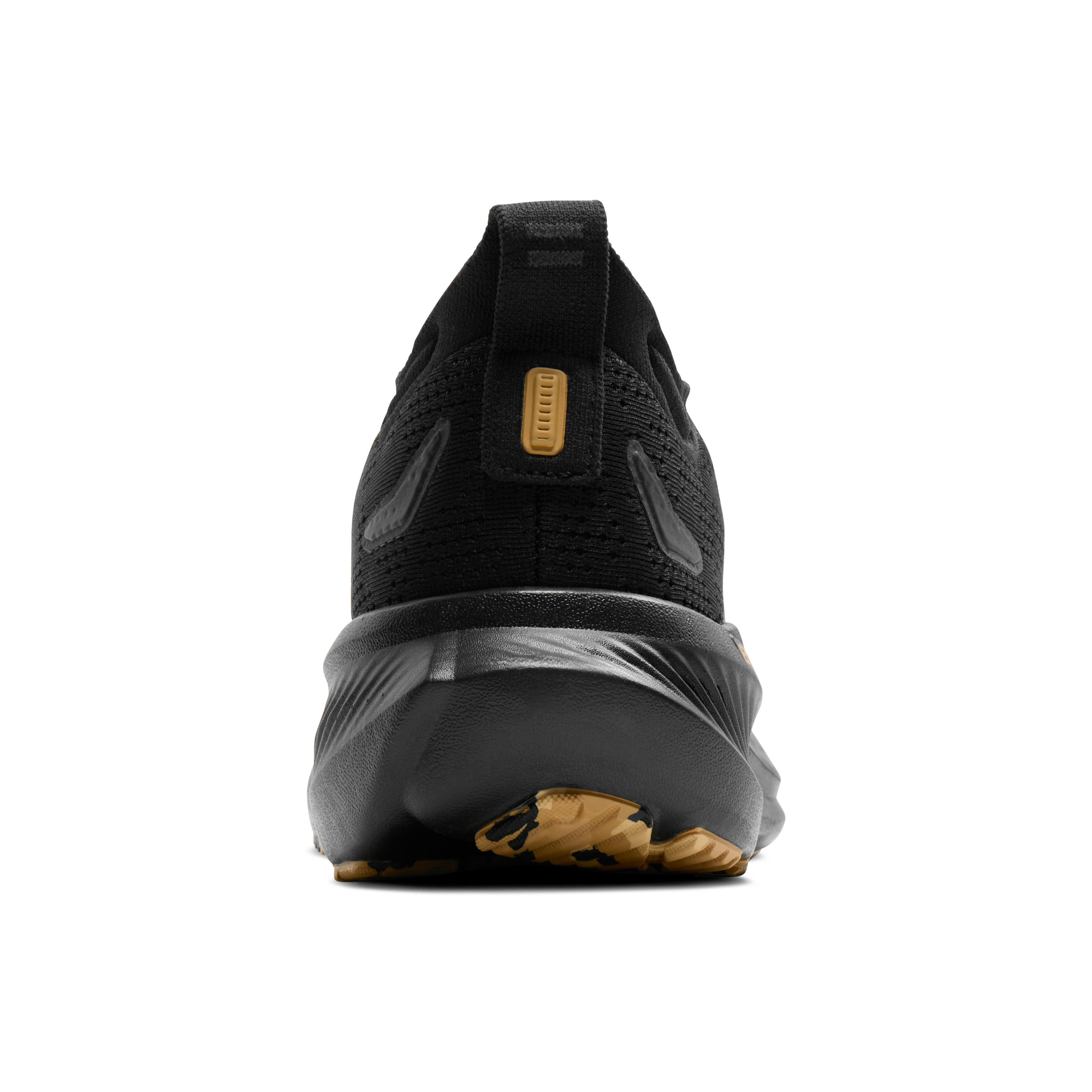 Black athletic shoe with gold accents on a white background