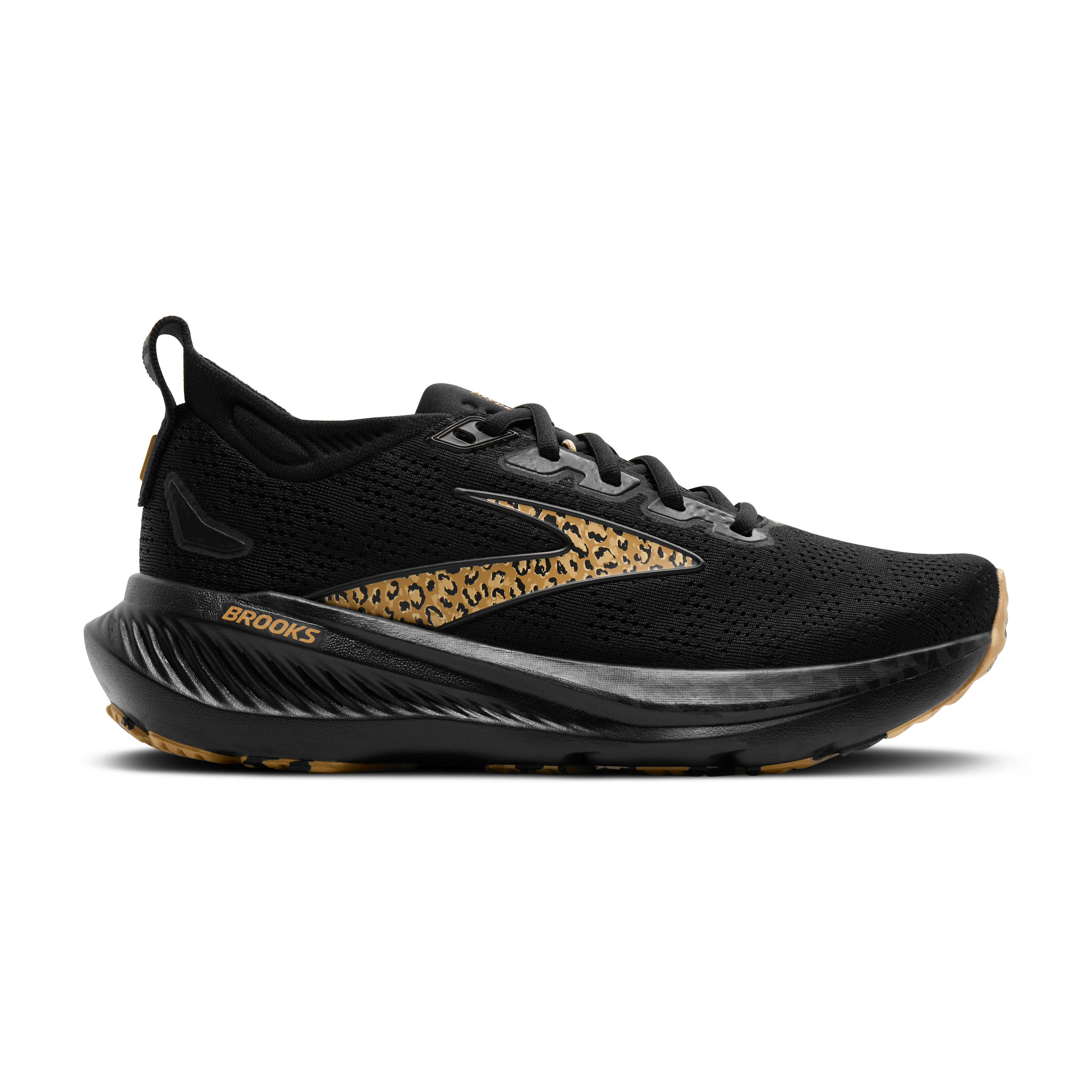 Black running shoe with gold accents on a white background