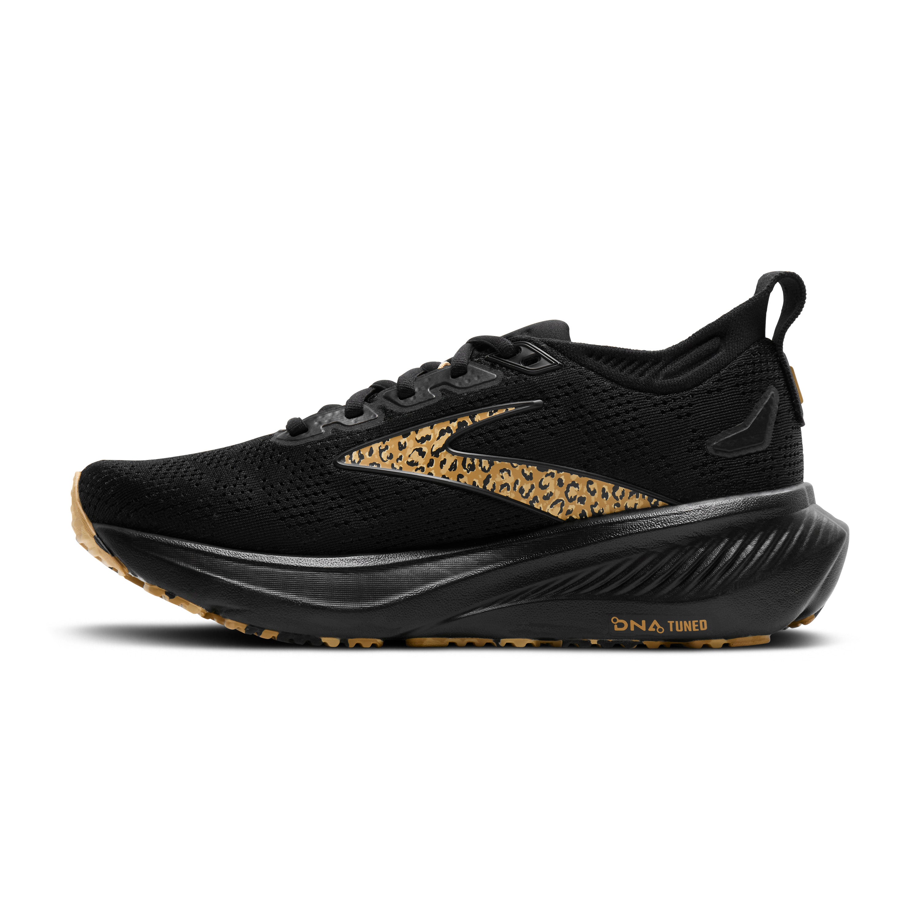 Black running shoe with leopard print accents on a white background
