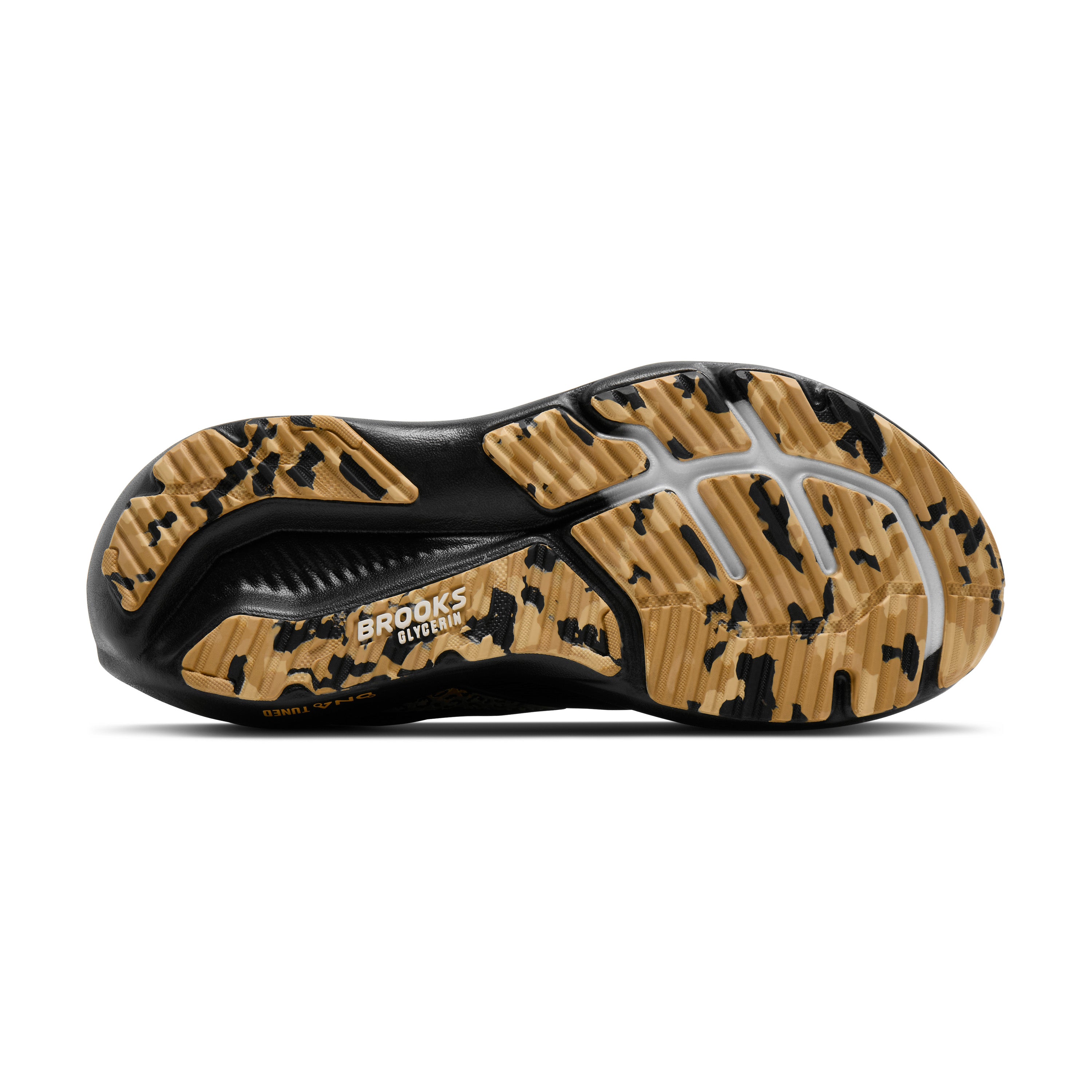 Black and gold athletic shoe sole with 'Brooks' branding on a white background