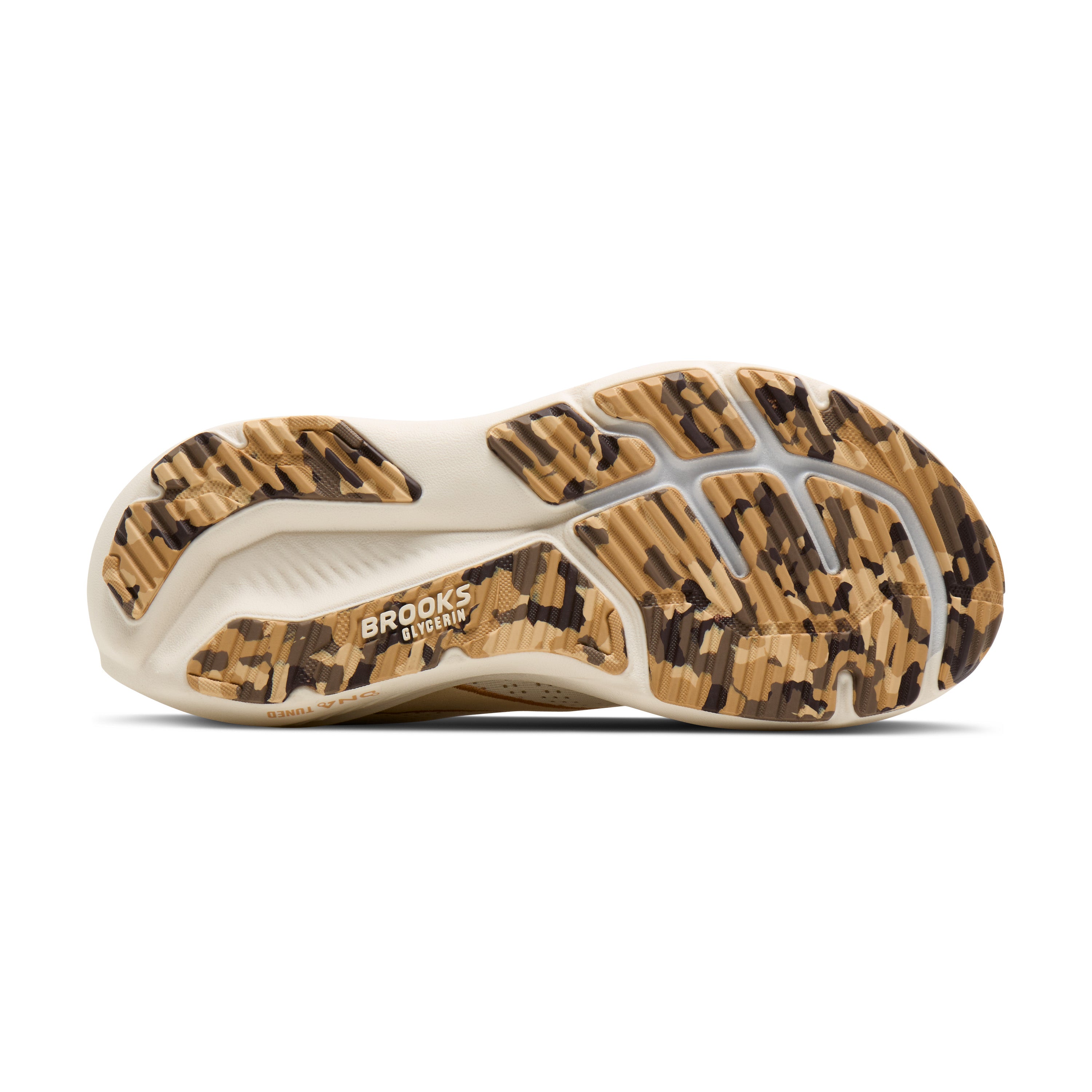 Sole of a running shoe with camouflage pattern and Brooks logo on a white background