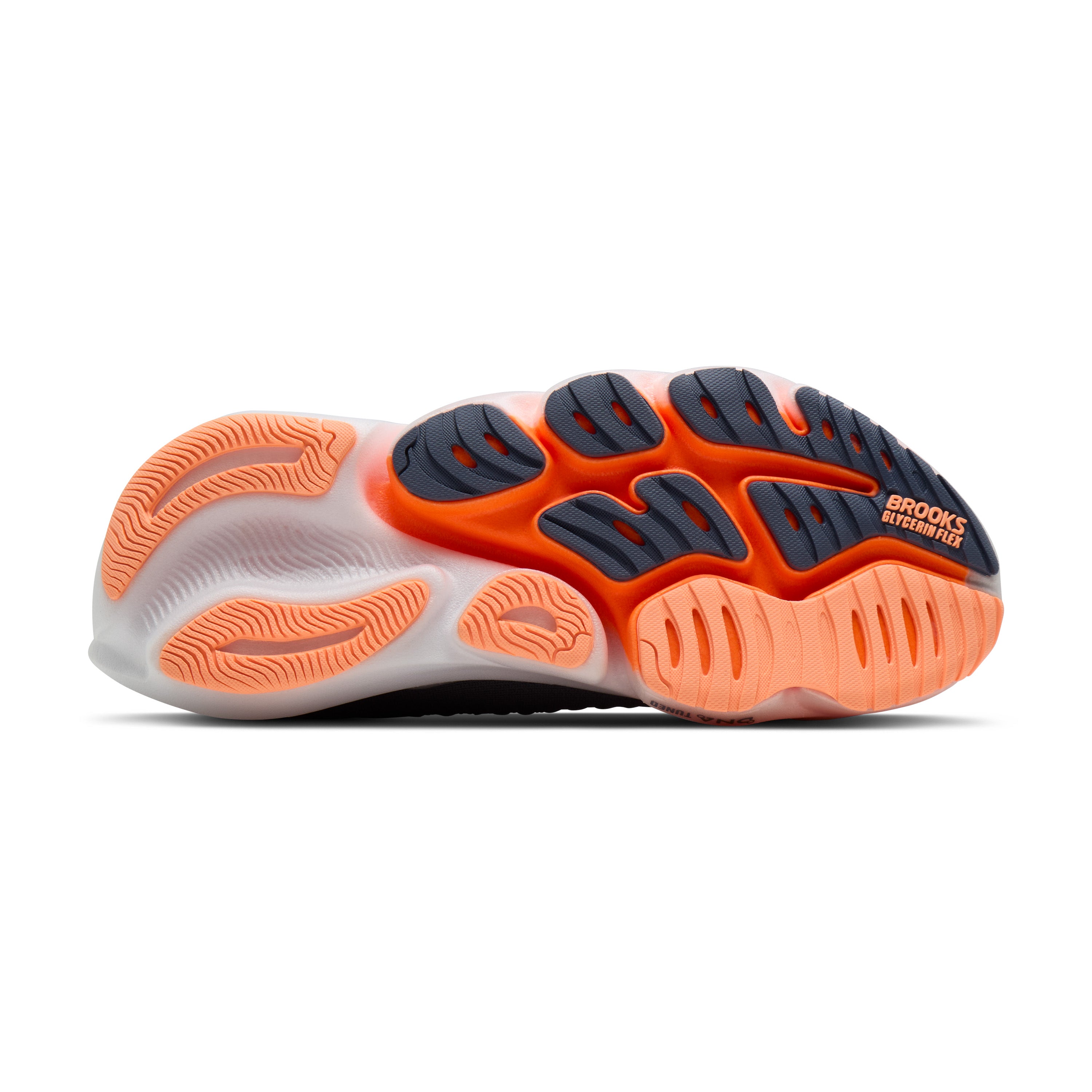 Close-up of a running shoe sole with orange and black design on a white background