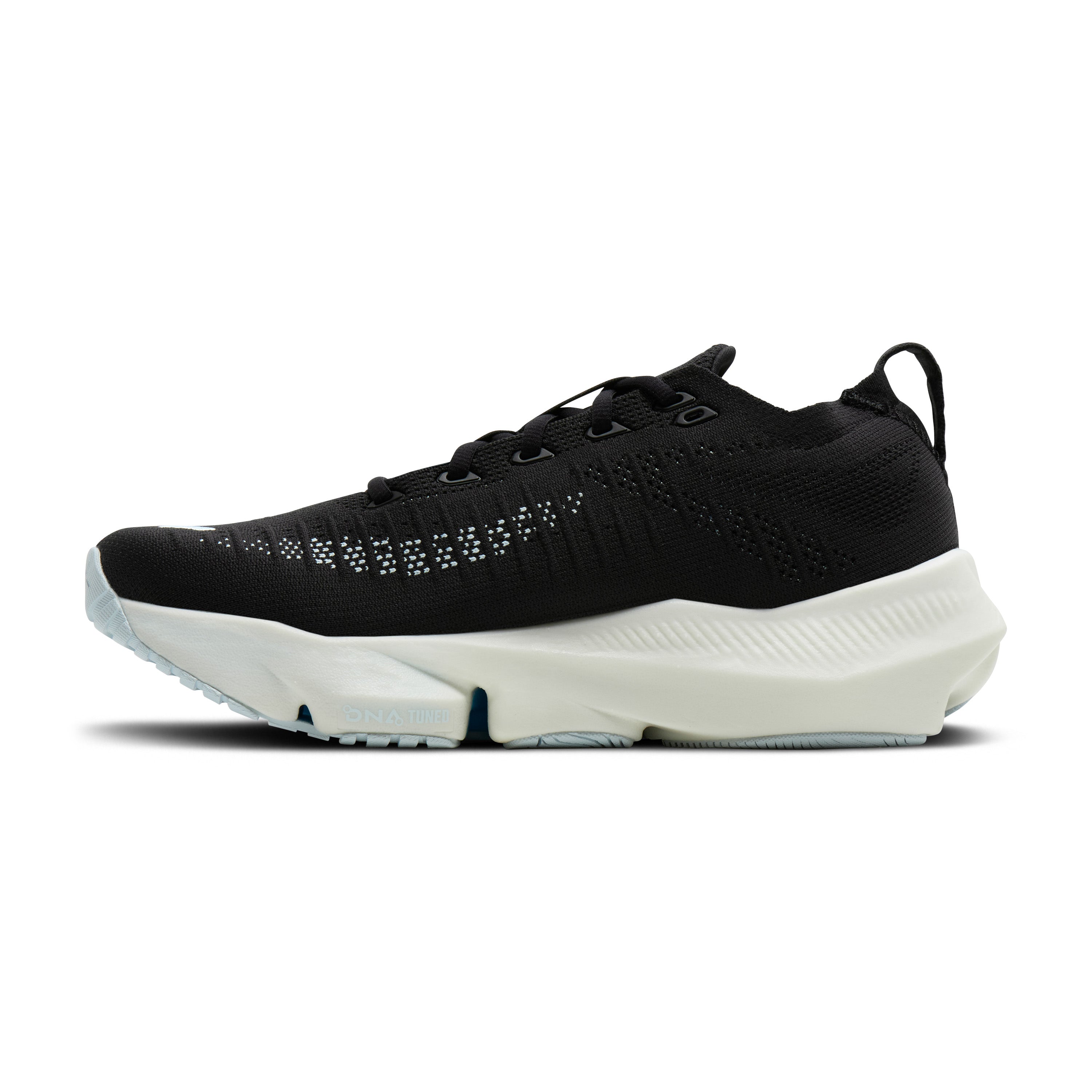 Black athletic shoe with white sole on a white background