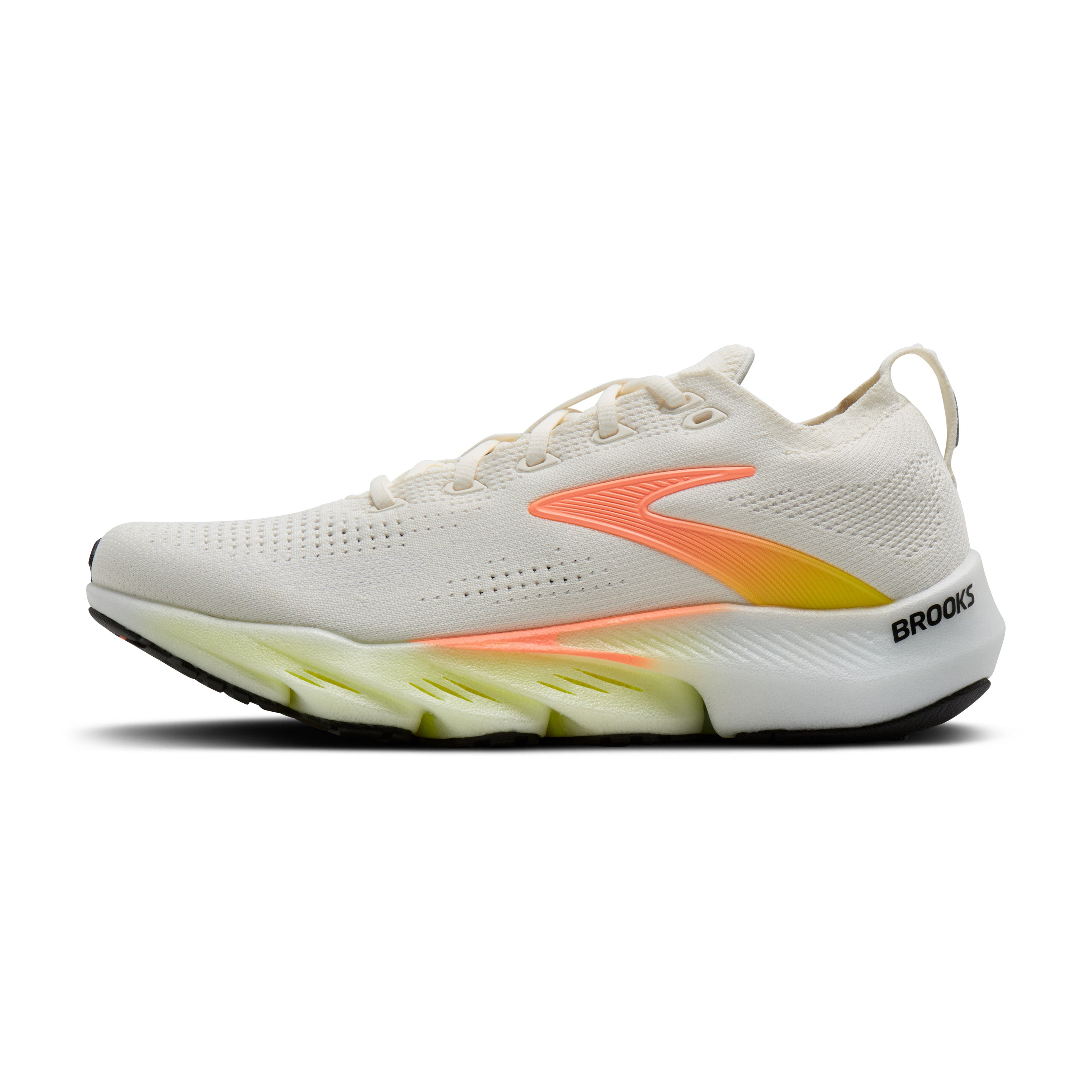 White running shoe with orange accents on a white background