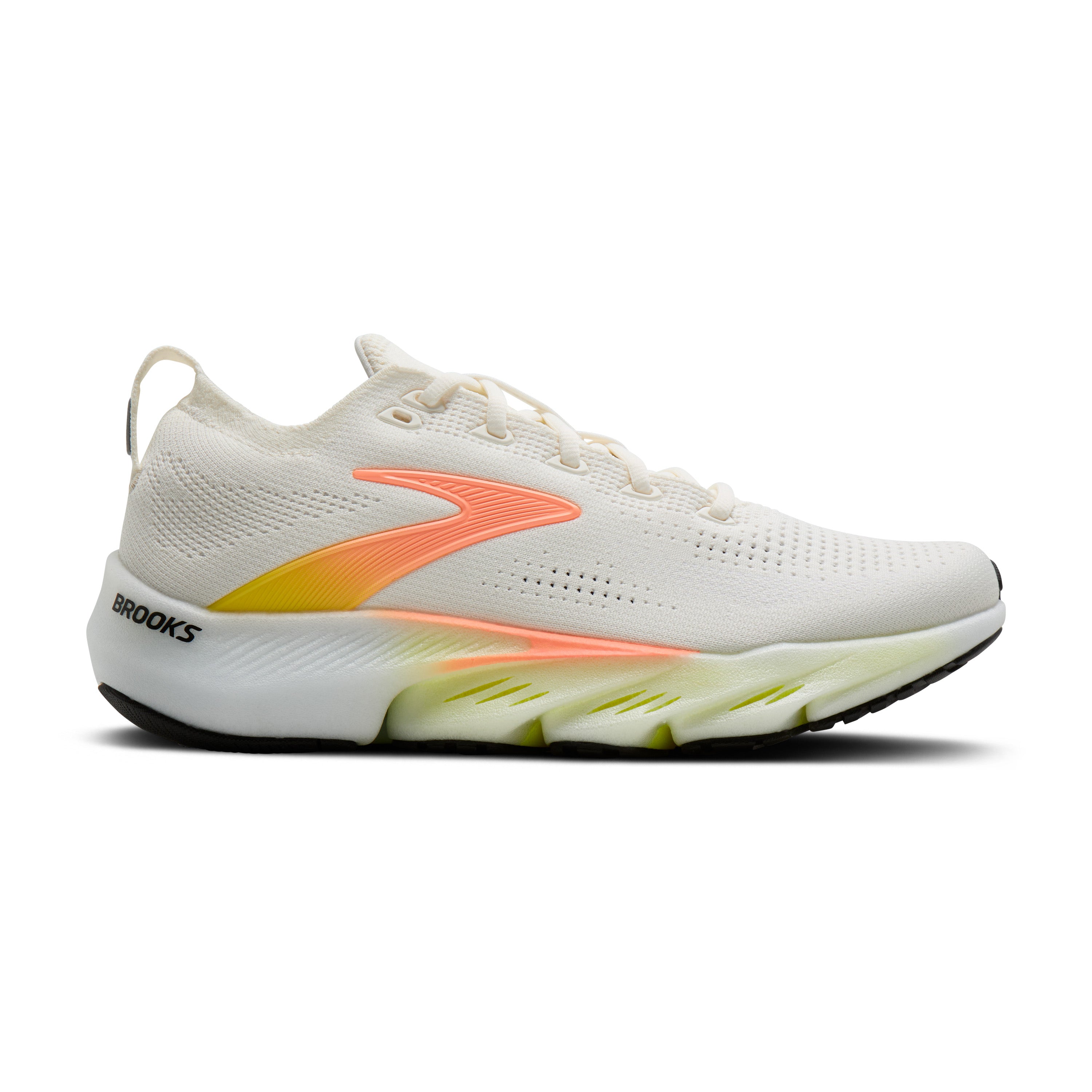 White running shoe with orange accents on a white background