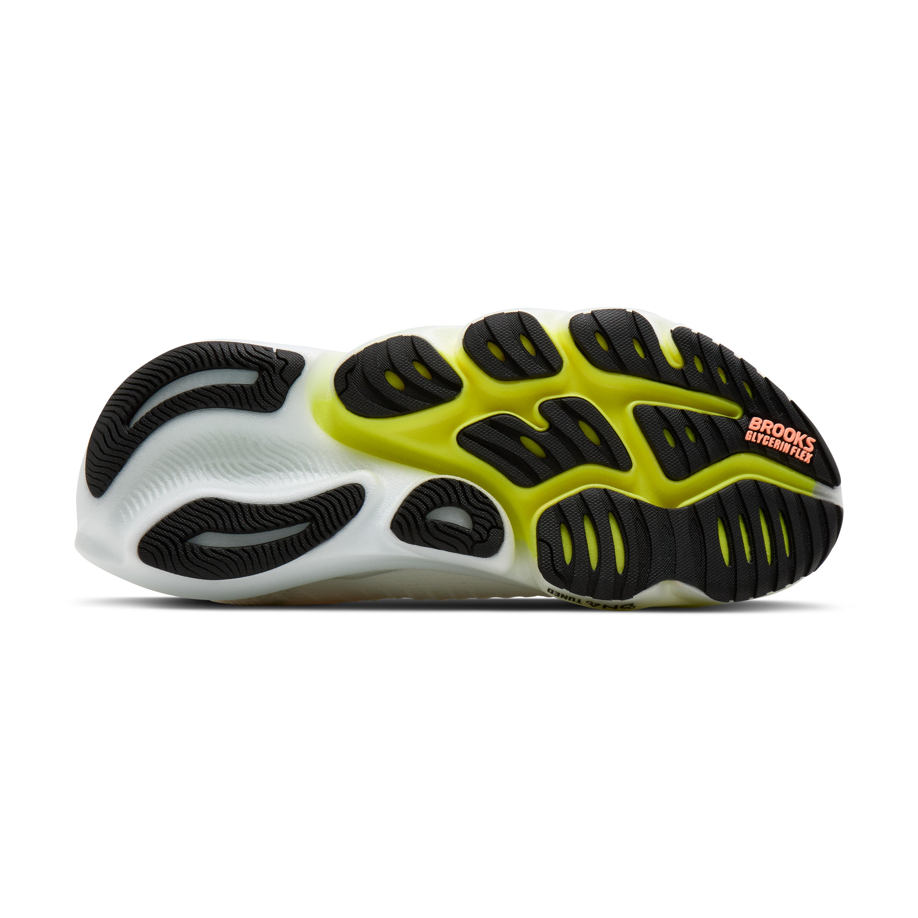 Sole of a running shoe with 'Brooks' branding on a white background