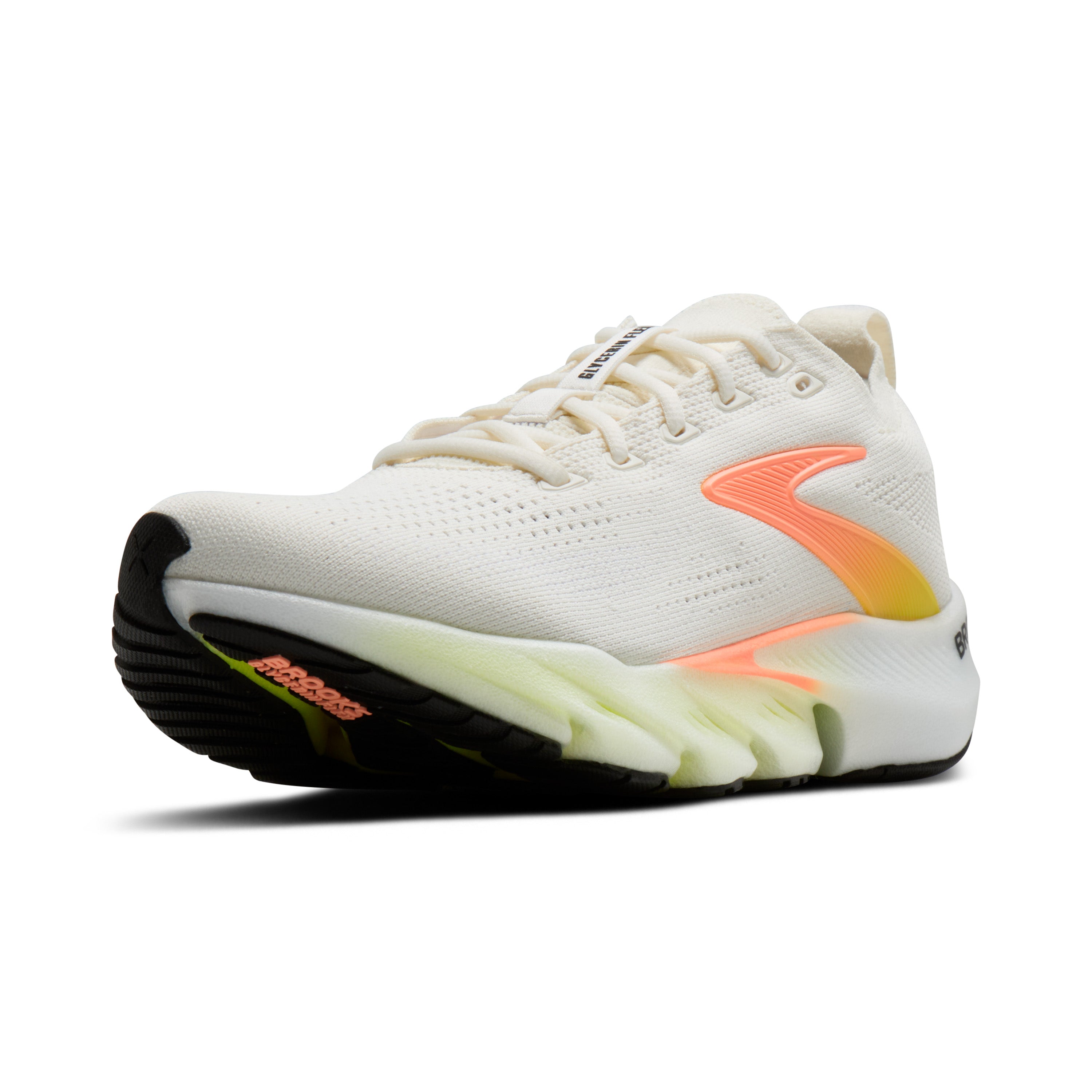 White running shoe with orange accents on a white background