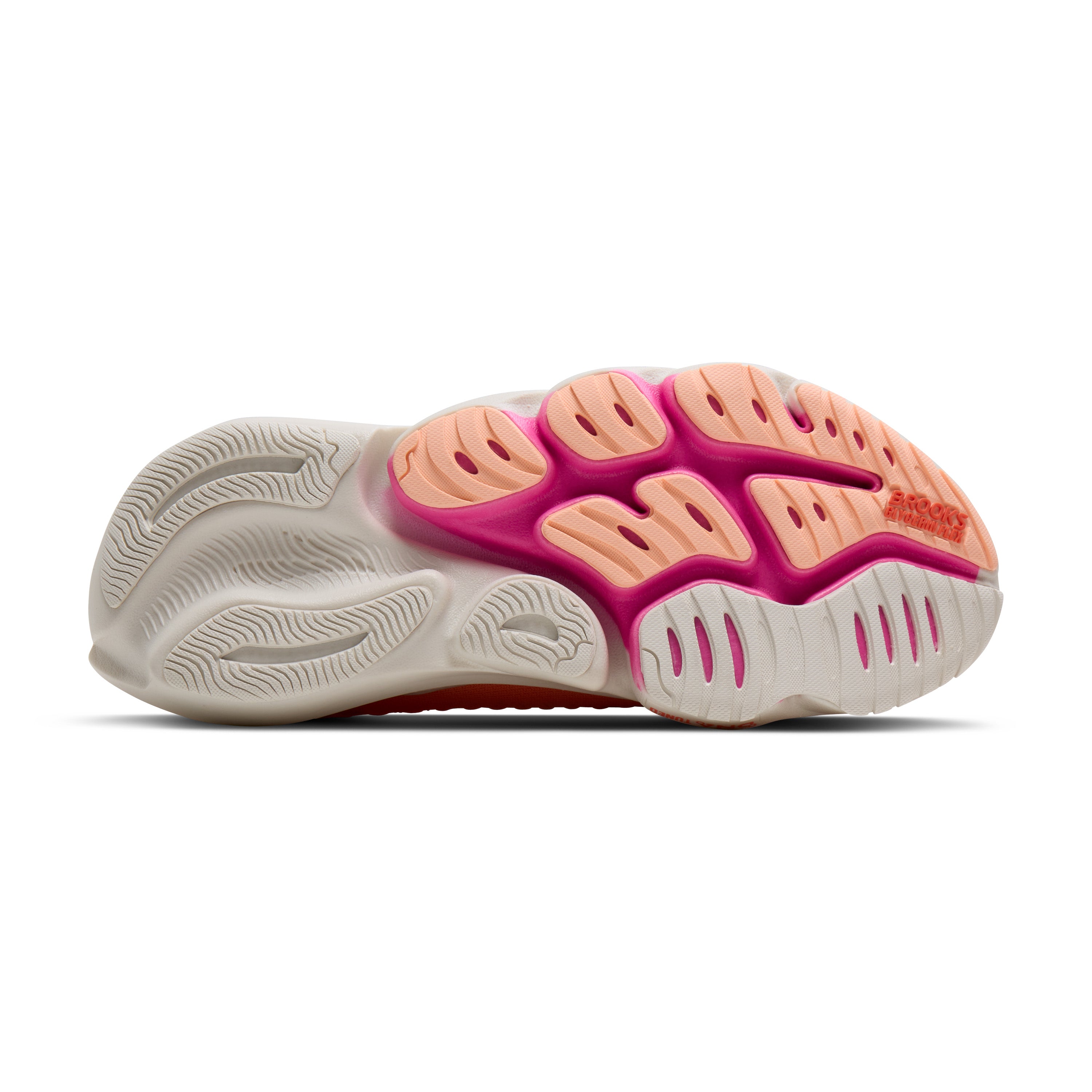 Sole of a running shoe with pink and white sole design on a white background