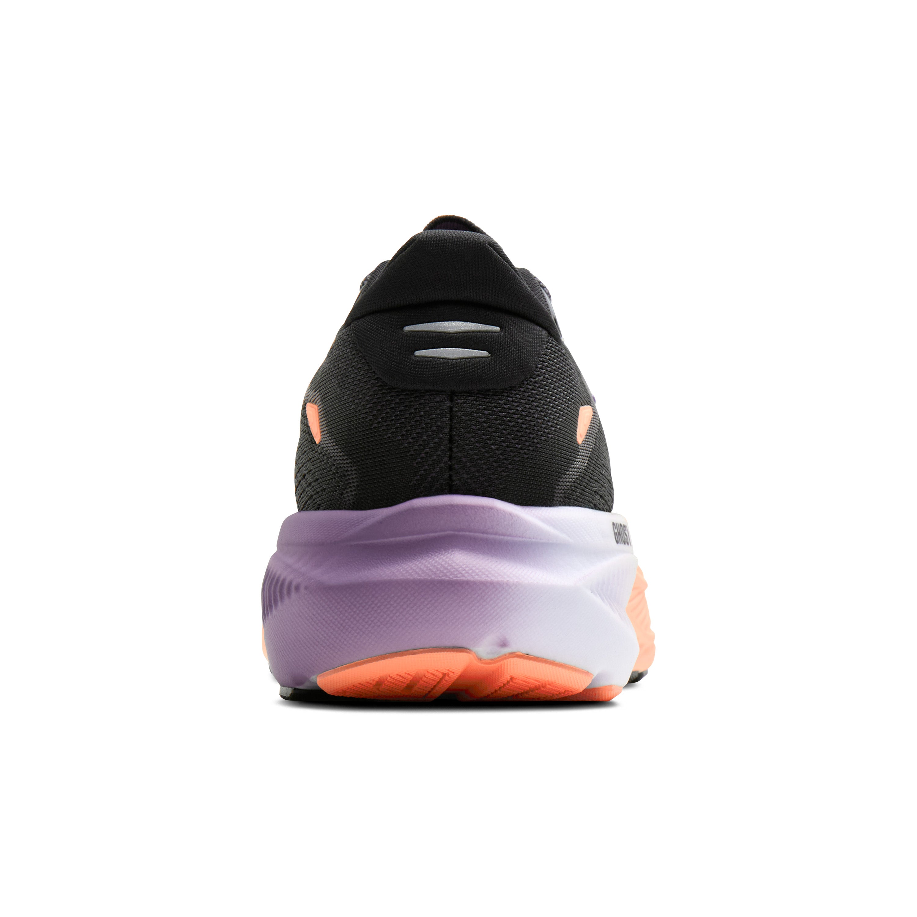 Black running shoe with purple sole and orange accents on a white background