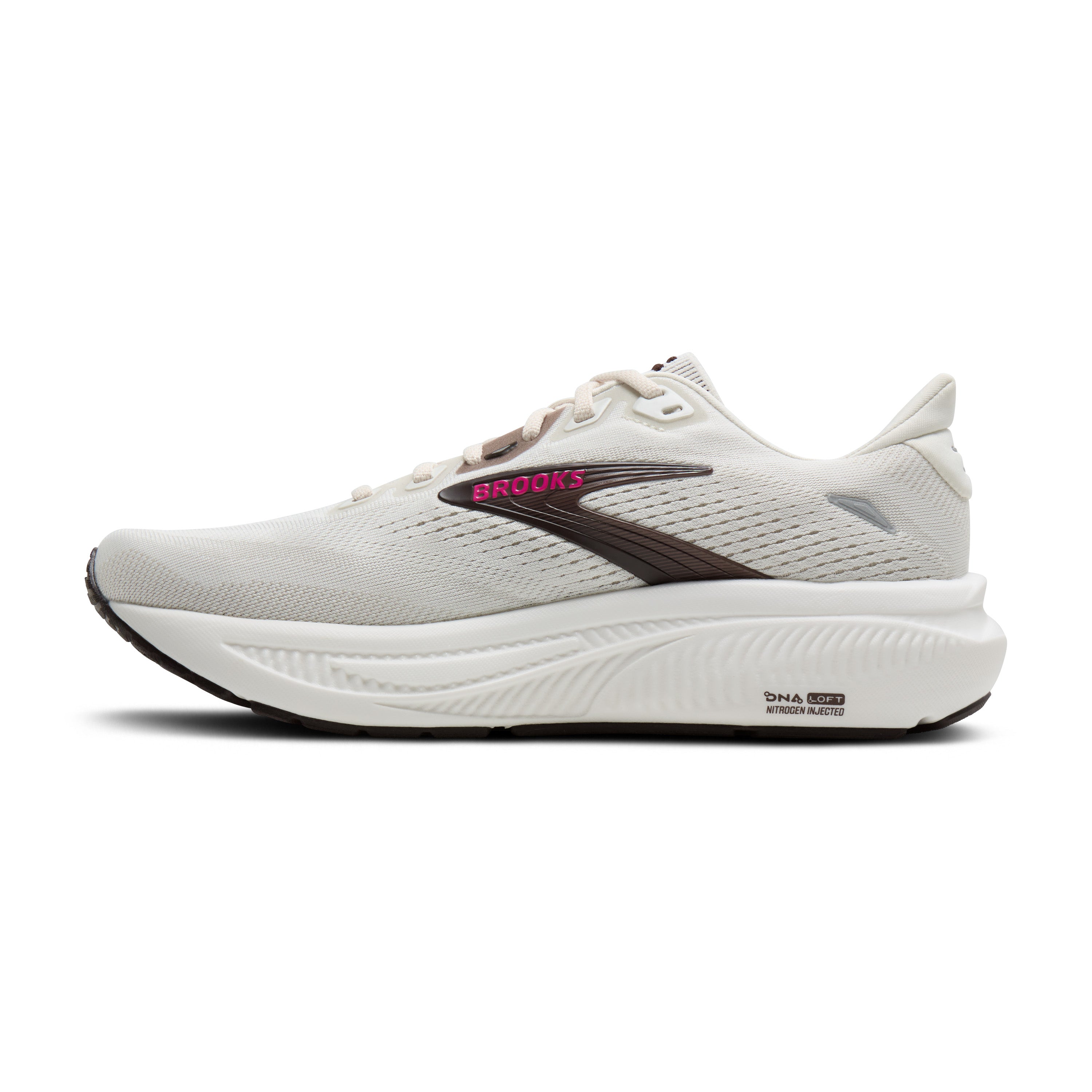 White running shoe with black sole on a white background