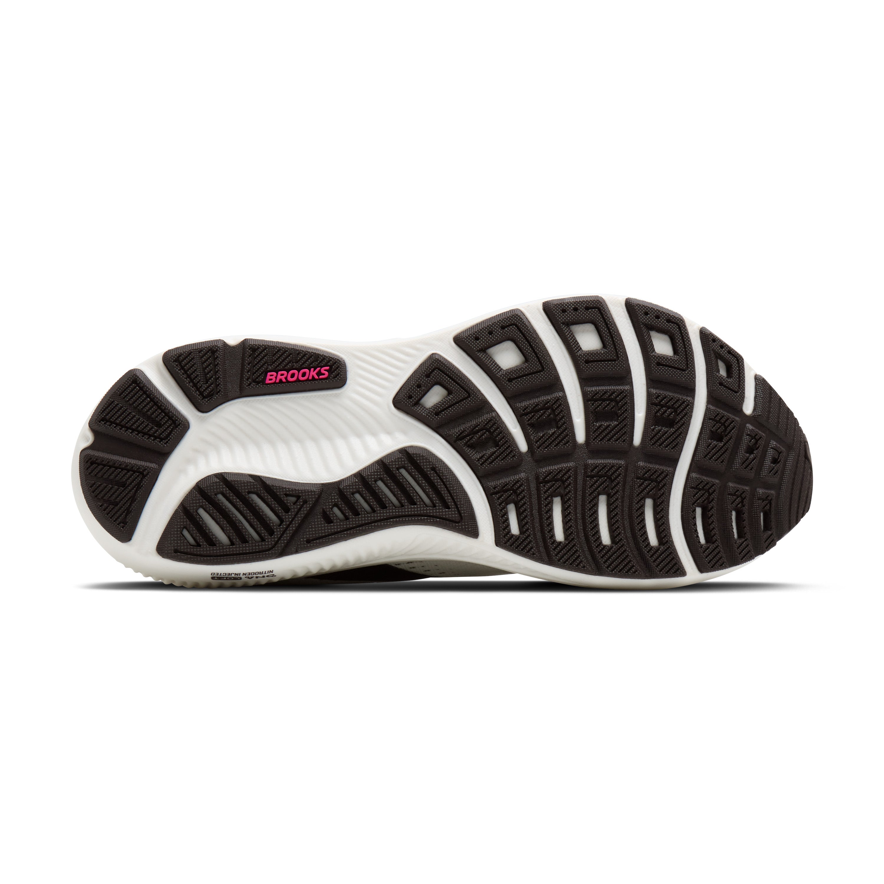 Black and white running shoe with 'Brooks' branding on a white background