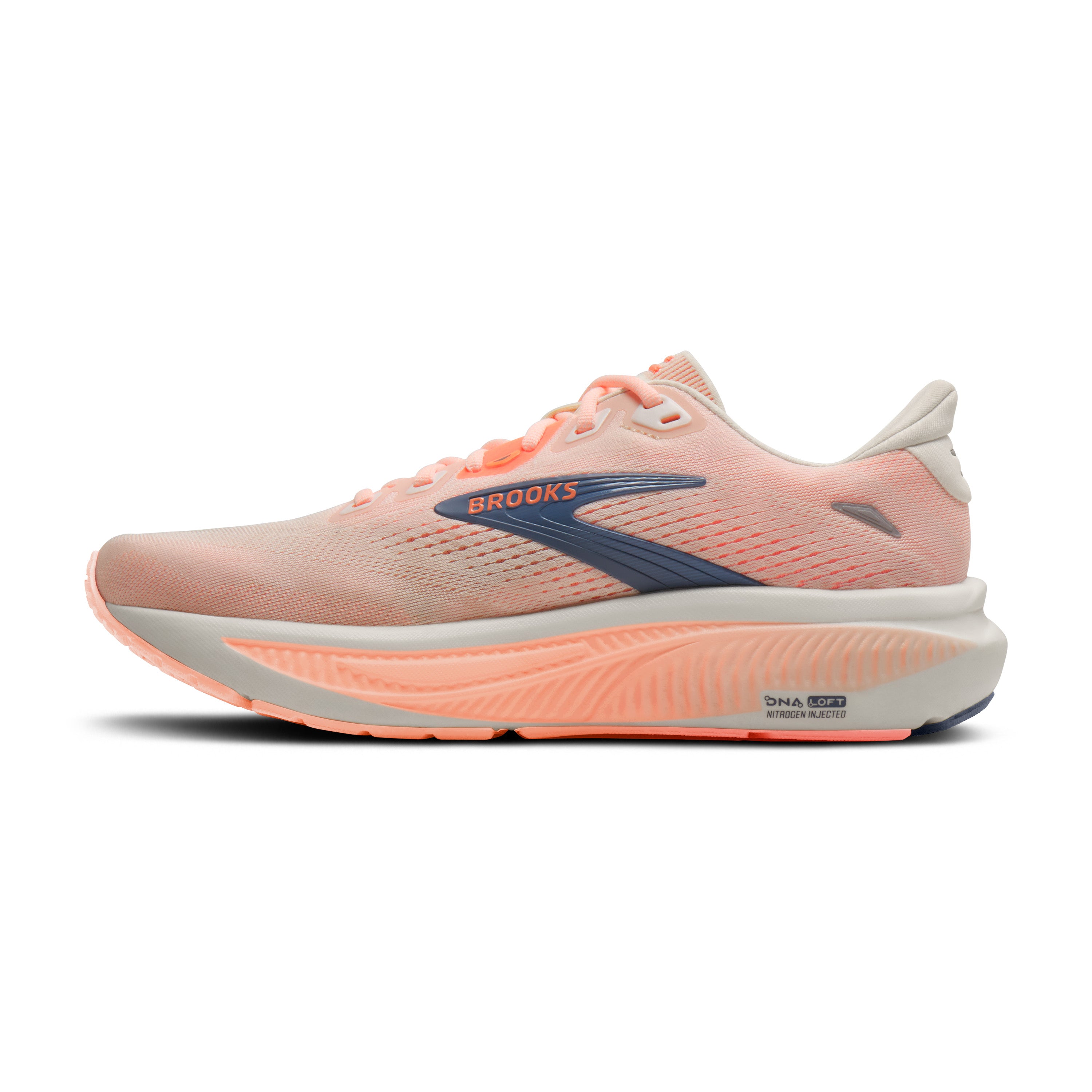 Coral running shoe with Brooks logo on a white background