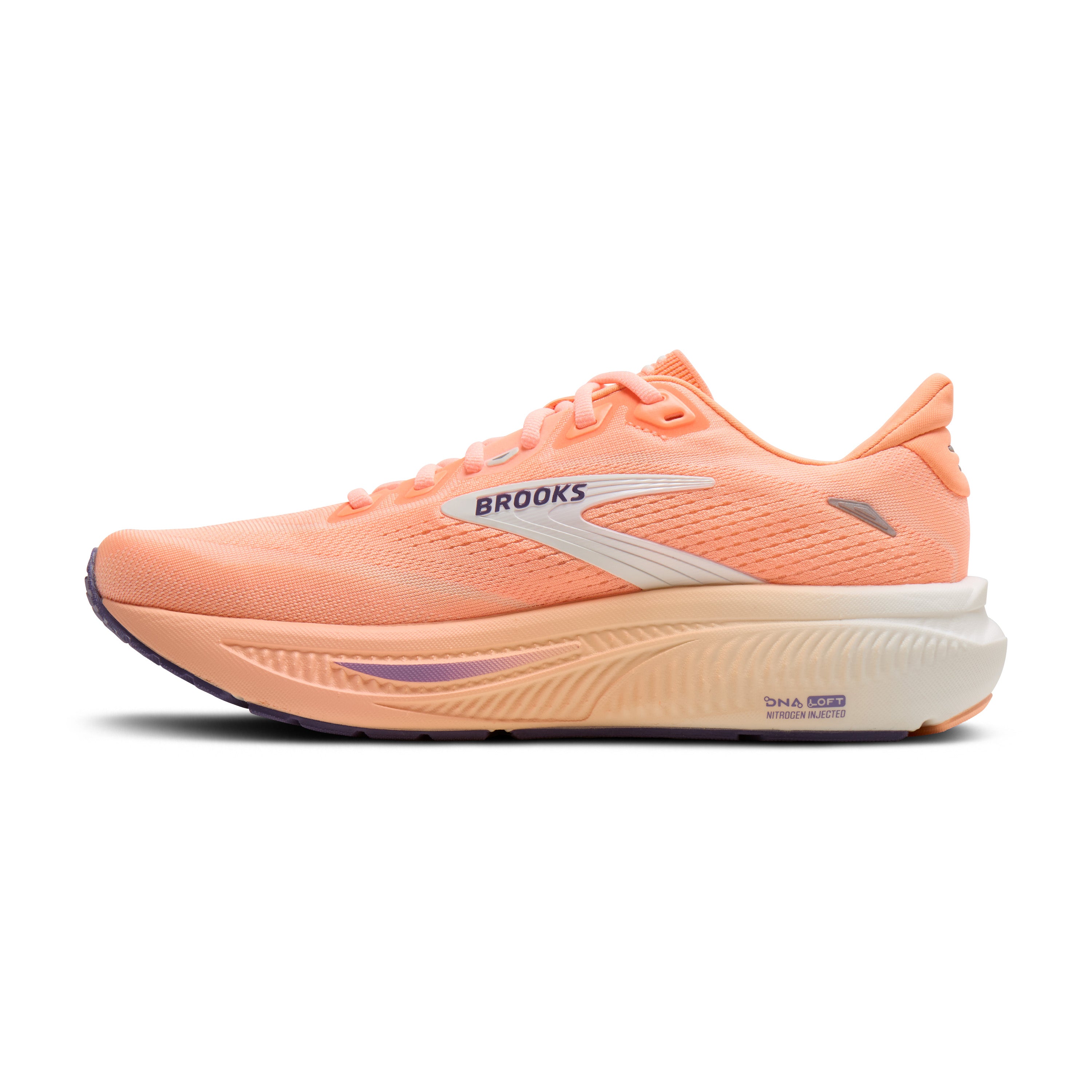 Orange running shoe with 'Brooks' branding on a white background