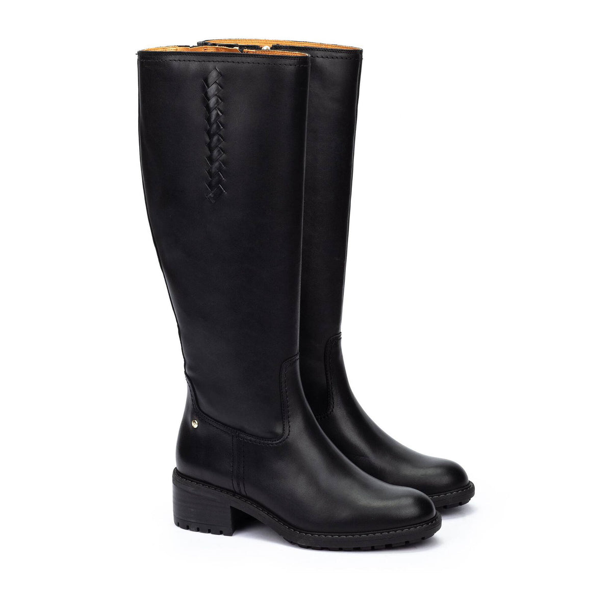 A pair of black knee-high leather boots with a low block heel, shown from a three-quarter angle against a plain white background.