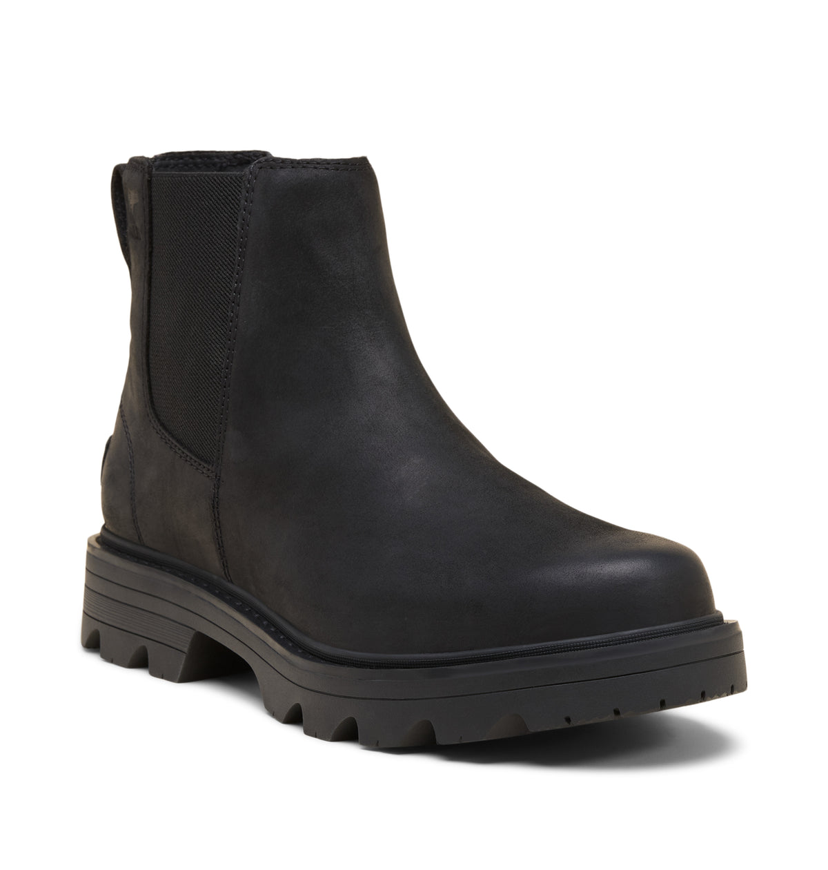 A black leather Chelsea-style ankle boot with a chunky lug sole, shown from a three-quarters angle on a white background.