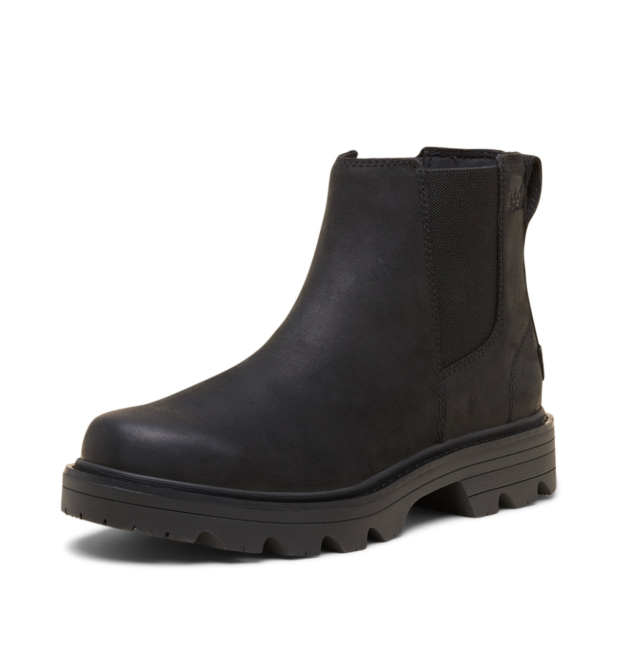 A black leather Chelsea-style ankle boot with a chunky lug sole, shown from a three-quarters angle on a white background.