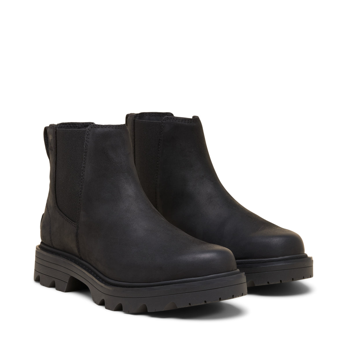A pair of black leather Chelsea-style ankle boots with chunky lug soles, shown from a three-quarters angle on a white background.