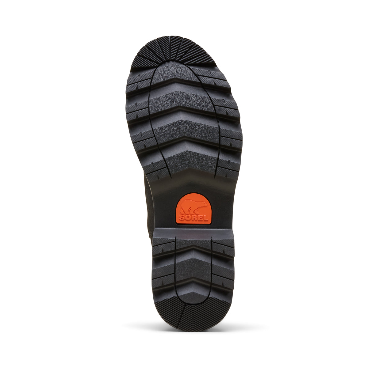 The black rubber outsole of a boot, showing deep tread patterns and a bright orange circular logo patch in the center with the brand name 'sorel' visible.