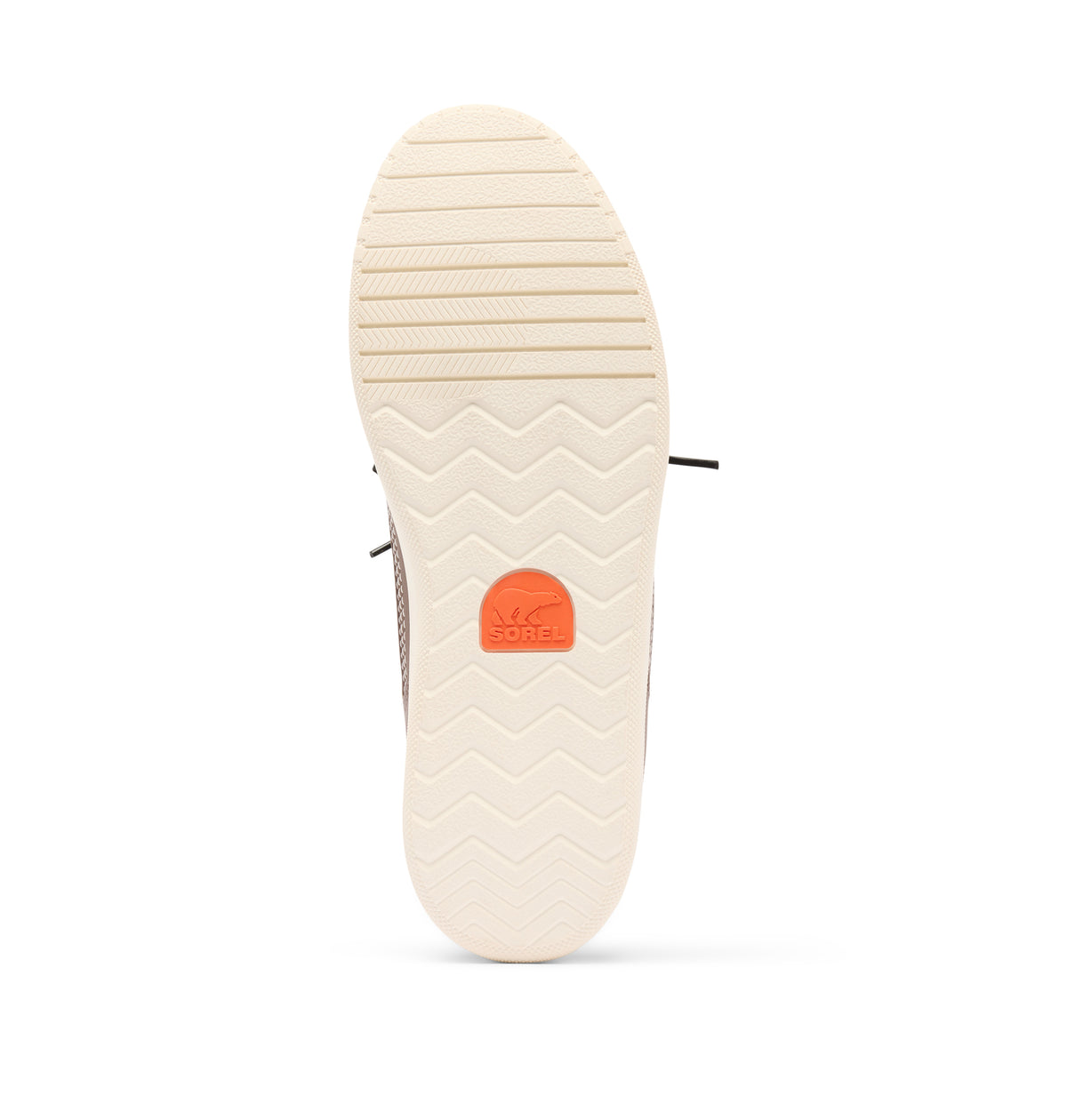 The outsole of a shoe shown from a top-down view, featuring a cream-colored zigzag tread pattern and a small orange logo patch in the center.