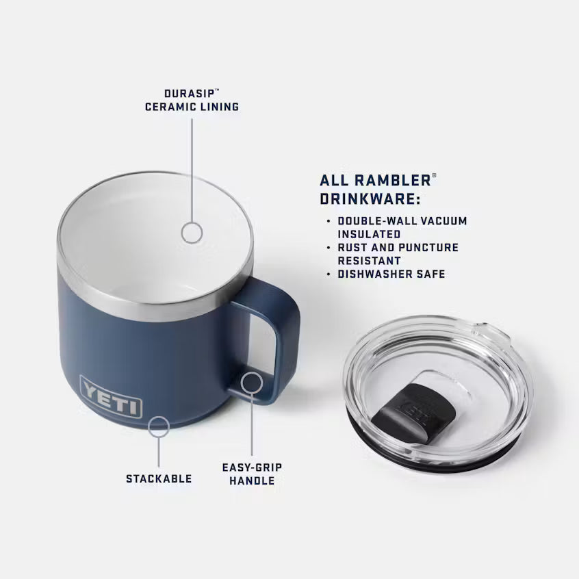 Blue YETI mug with features highlighted on a white background