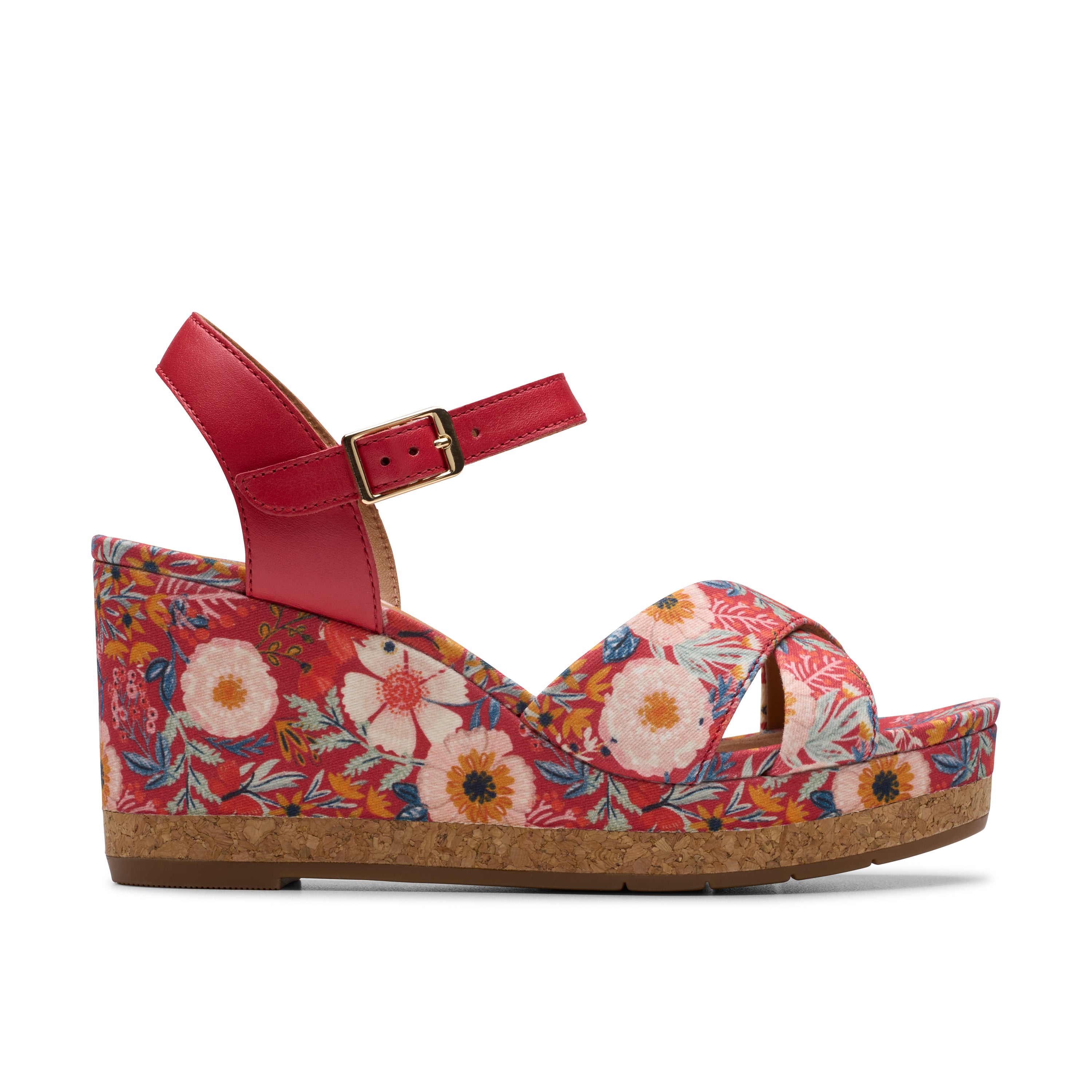 Floral wedge sandal with red strap on a white background