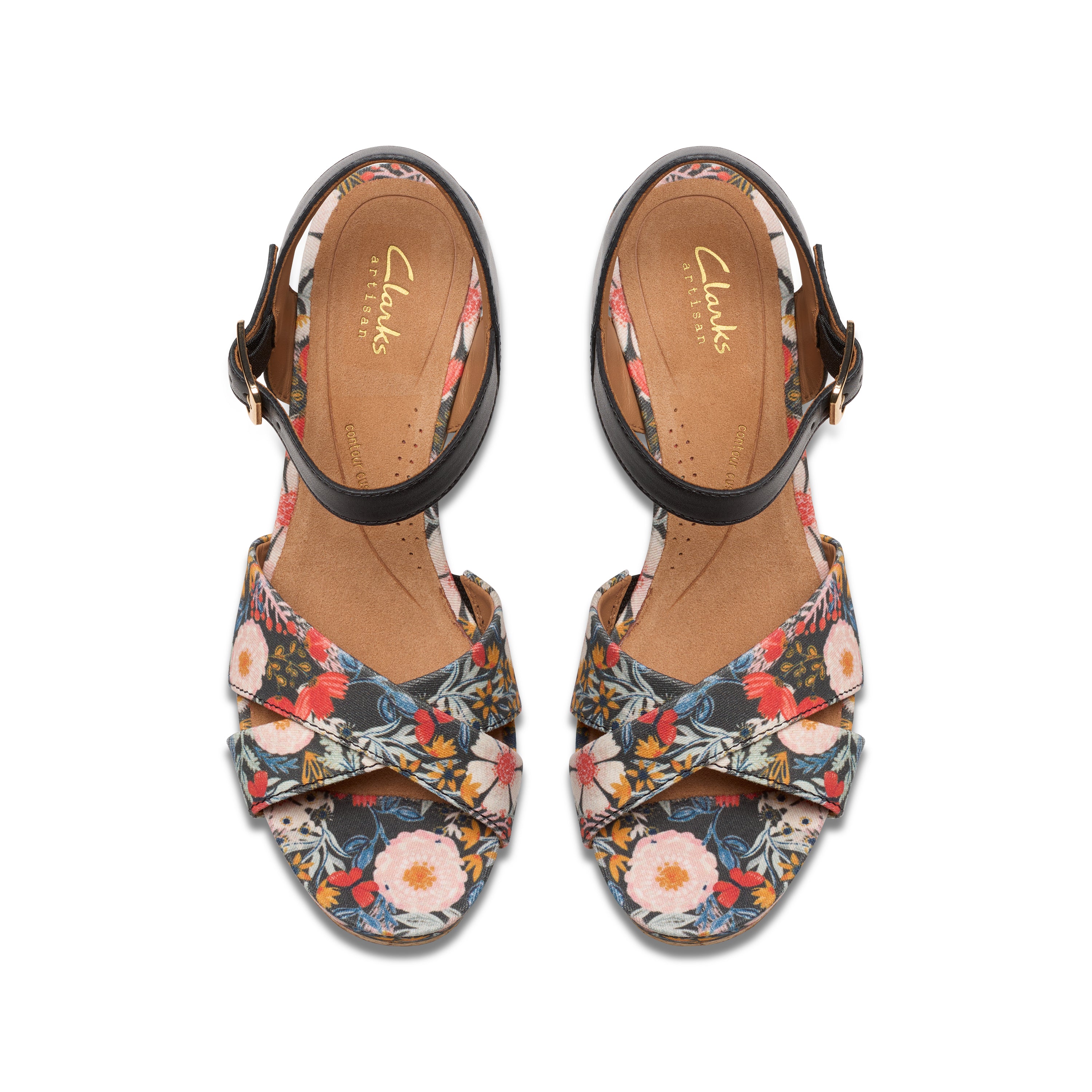 Pair of floral sandals with 'Clarks' branding on a white background