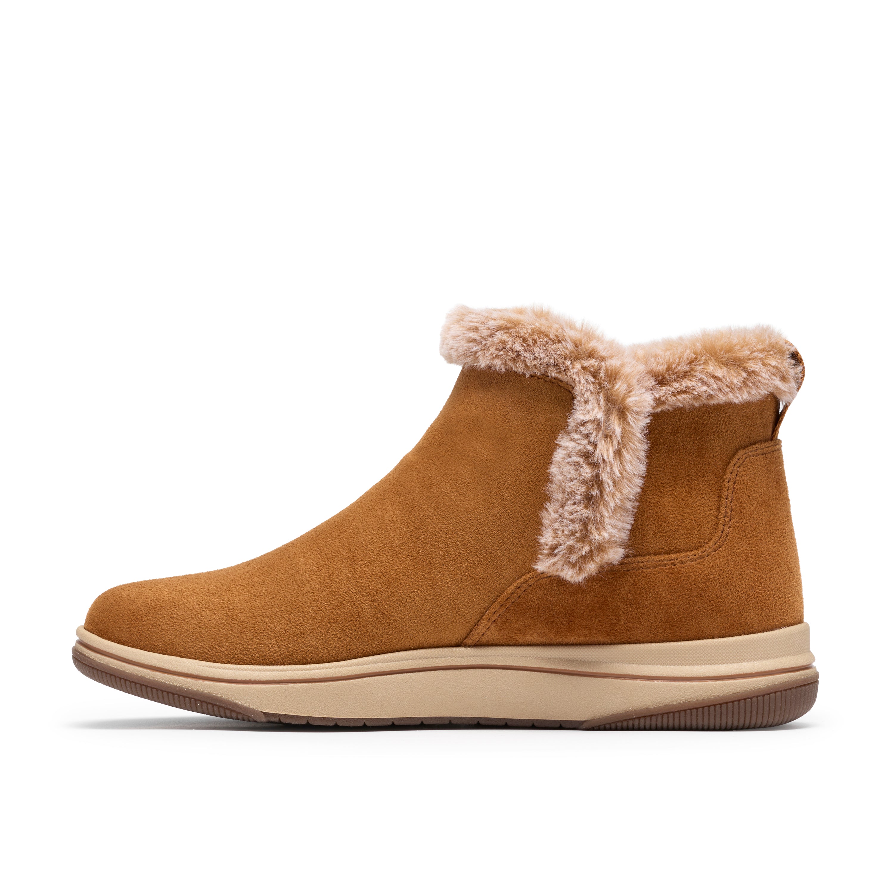 A single women's ankle boot in tan suede with a plush beige faux-fur collar, shown in a side profile on a white background.