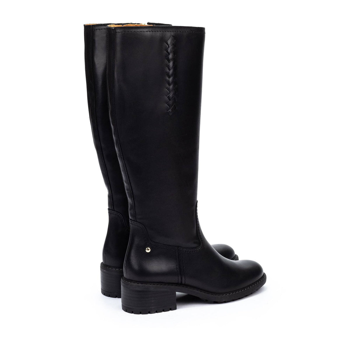 A pair of black leather knee-high riding boots with a decorative braided stitch detail on the shaft and a low block heel, shown from a side-rear angle on a white background.