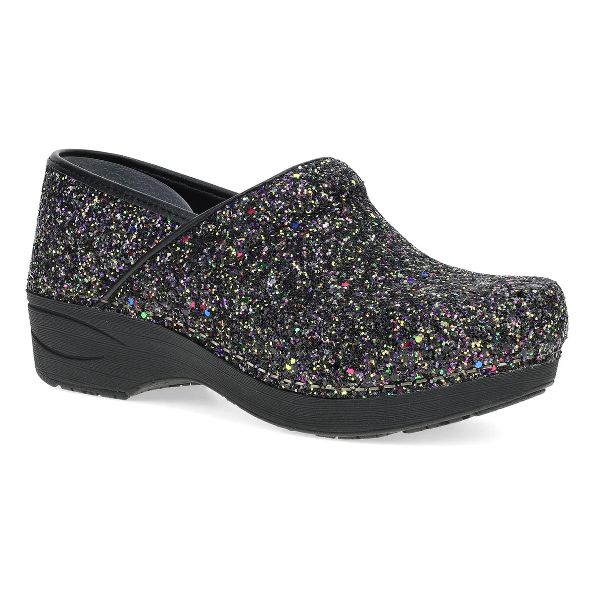 A single black clog shoe covered in dense multicolor glitter, shown from a three-quarters angle on a plain white background.