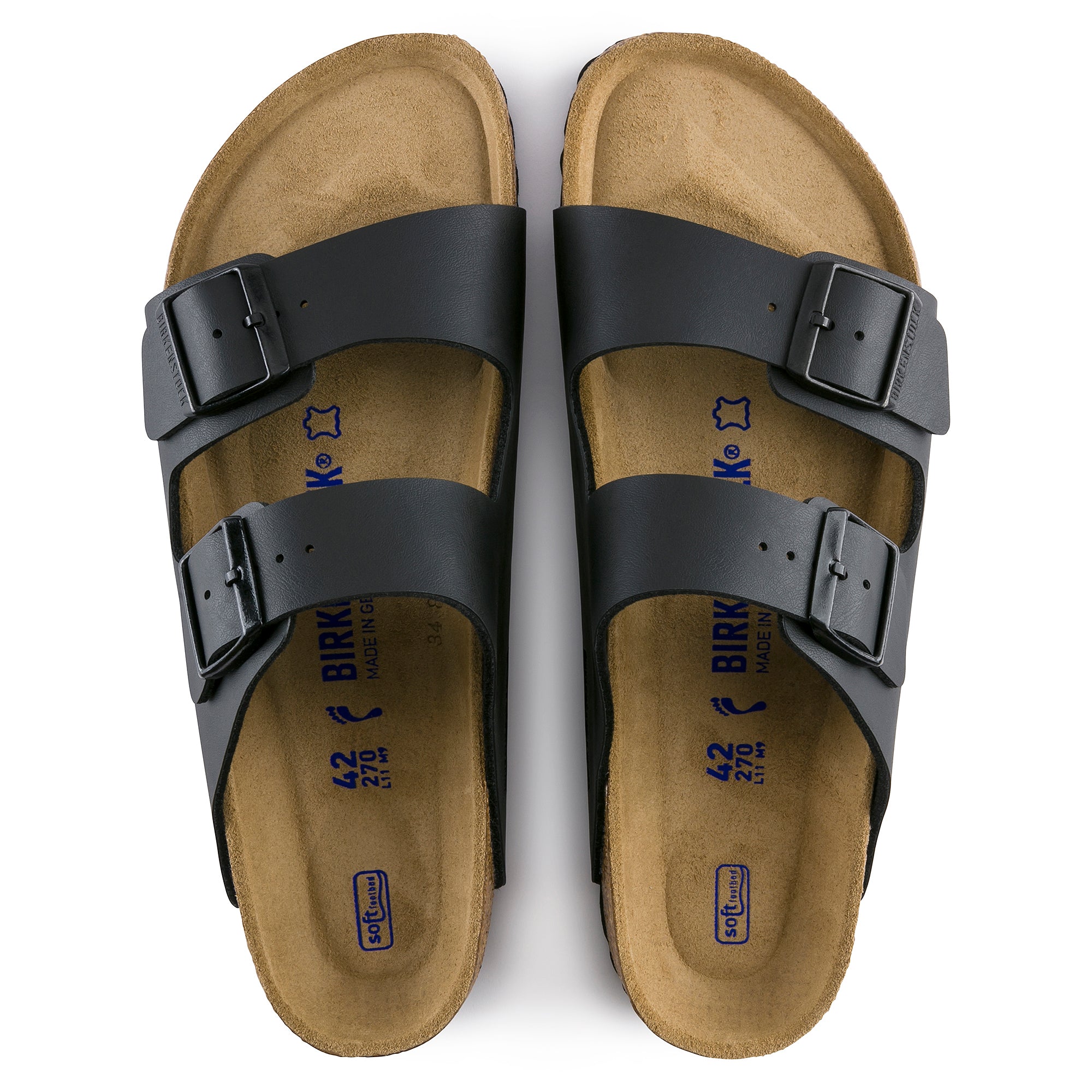 Pair of Birkenstock sandals with black straps on a white background
