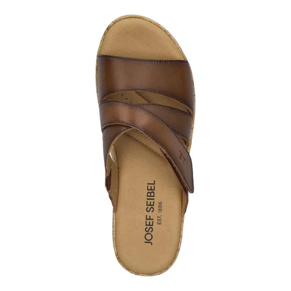Brown sandal with 'Josef Seibel' branding on a white background